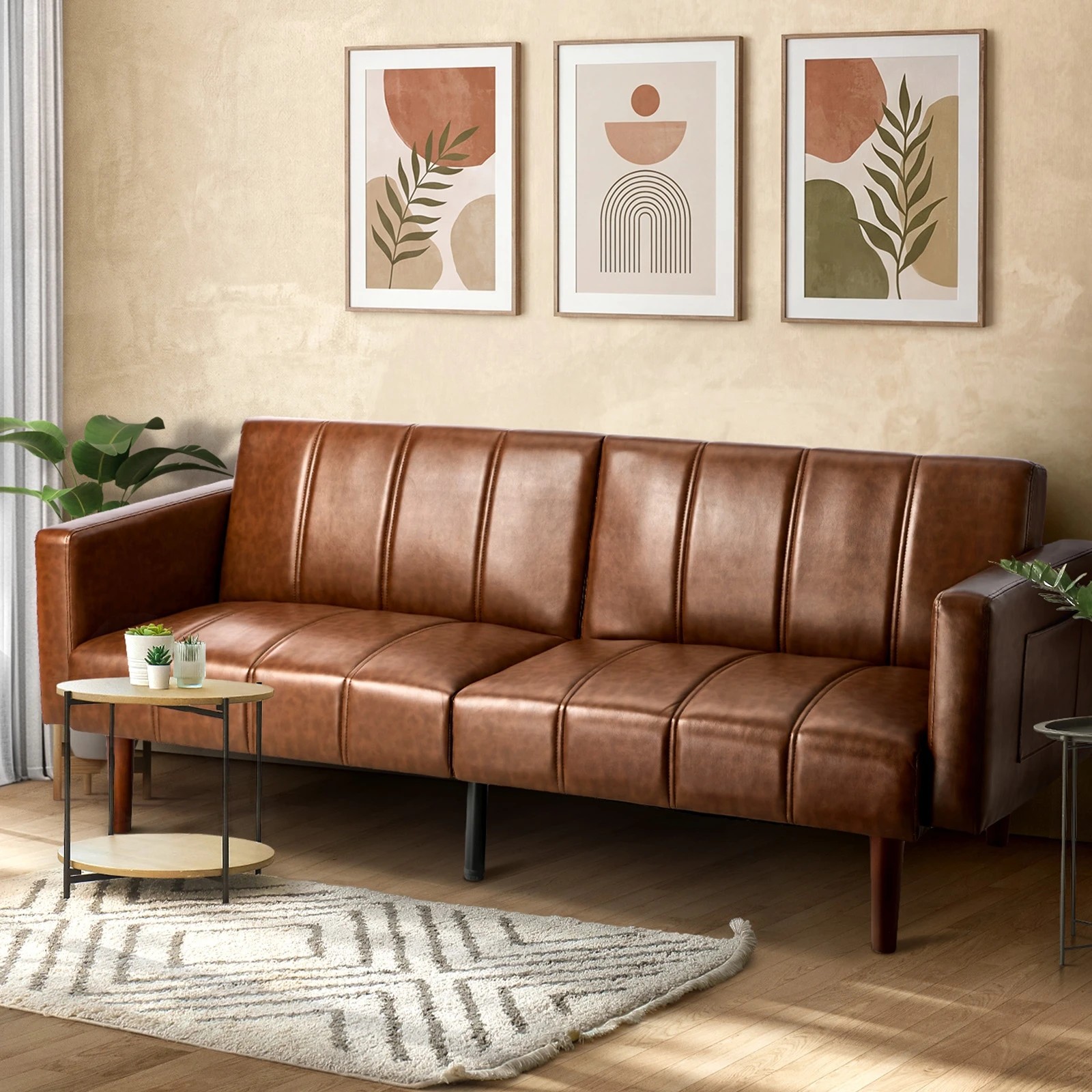 3 Oikiture 3 Seater Sofa Bed Sleeper Futon Faux Leather - Brown, 3 of 10