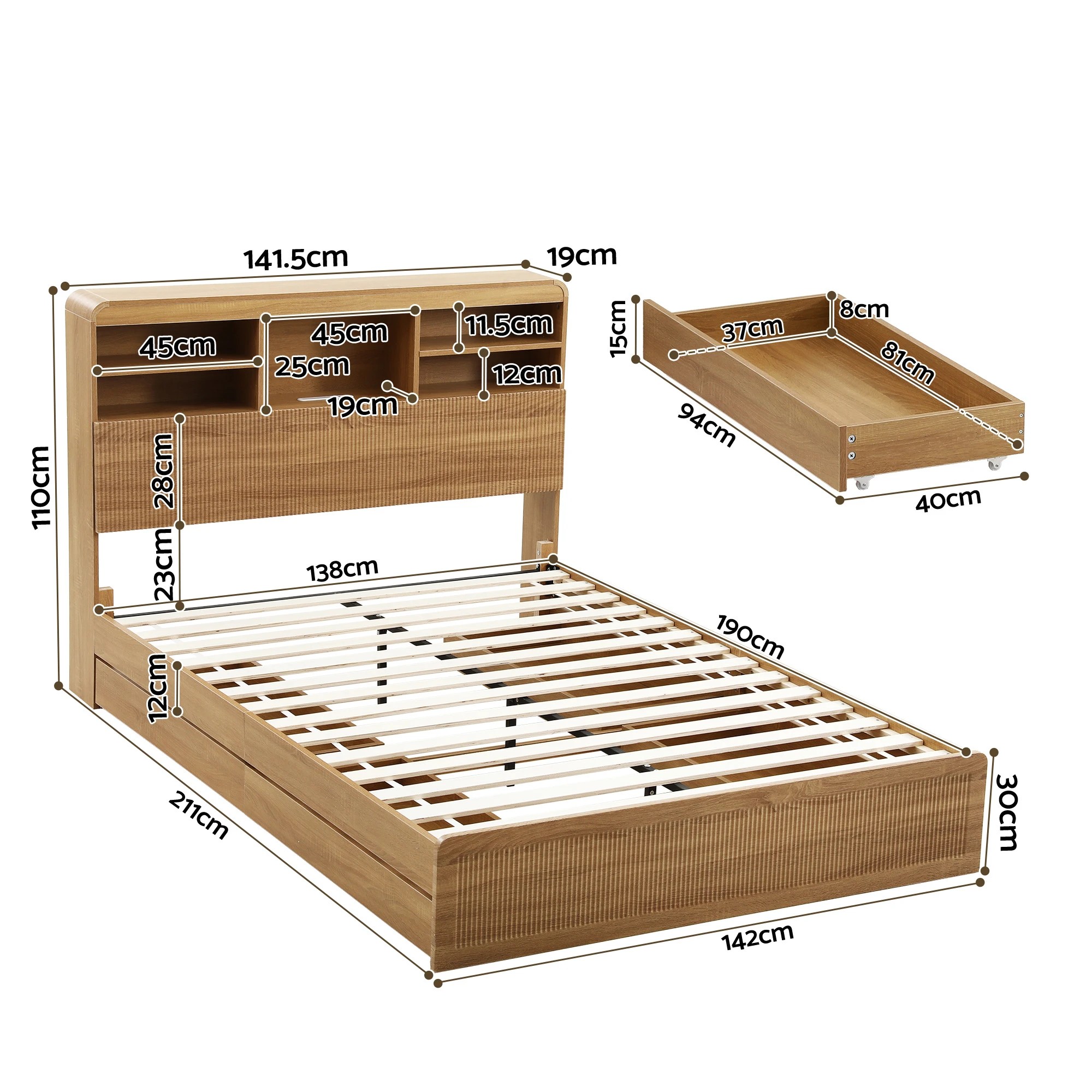 2 Artiss Bed Frame with Storage, 4 Drawers, USB and Night Light - Double Bed - Natural, 2 of 8