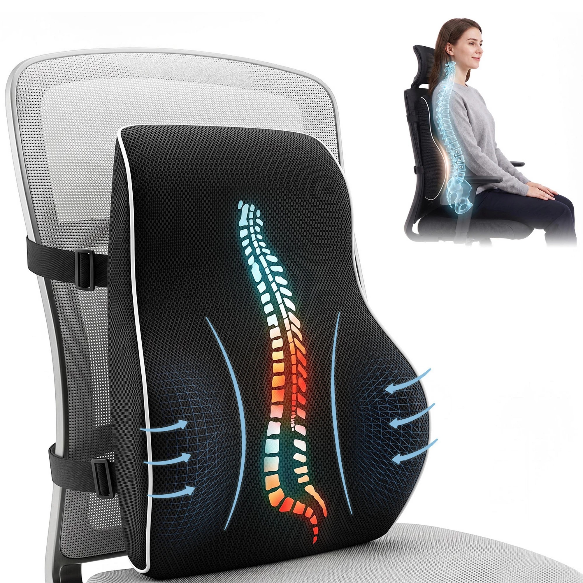2 Artiss Ergonomic Lumbar Support Cushion Memory Foam Back Support Pillow Office Chair Car Seat - Black, 2 of 8