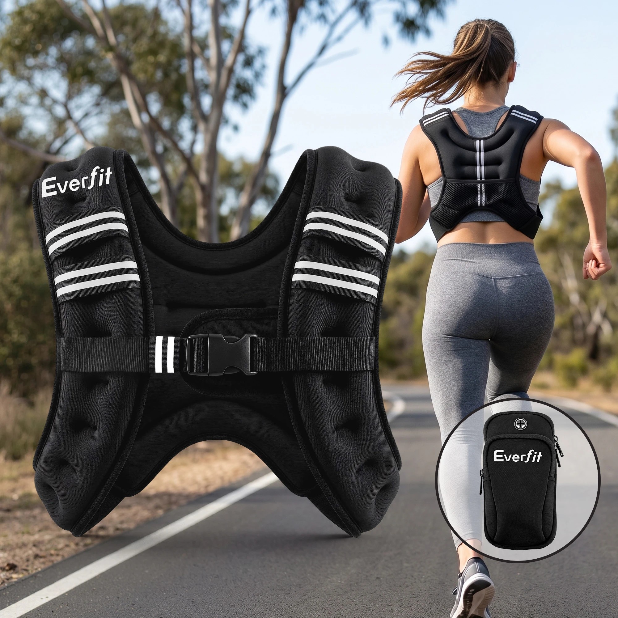 2 Everfit 10kg Weighted Vest Men Women, Reflective Running Vest with Armband Pouch - Black, 2 of 8