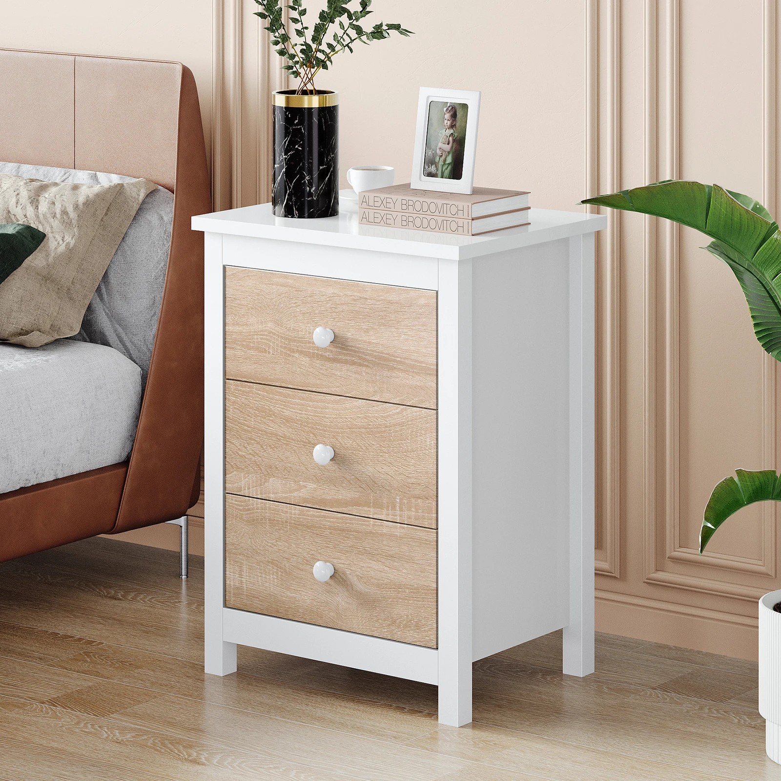 2 Alfordson 2x Bedside Table Hamptons Nightstand 3 Drawers - Oak, 2 of 10