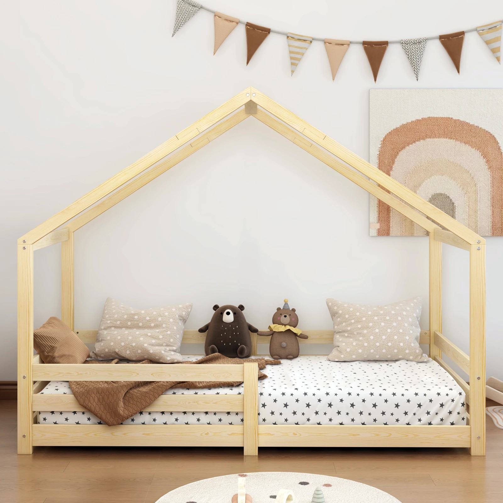 5 Alfordson Kids Bed Frame Wooden Timber Single House Frame Platform Base - Natural, 5 of 7