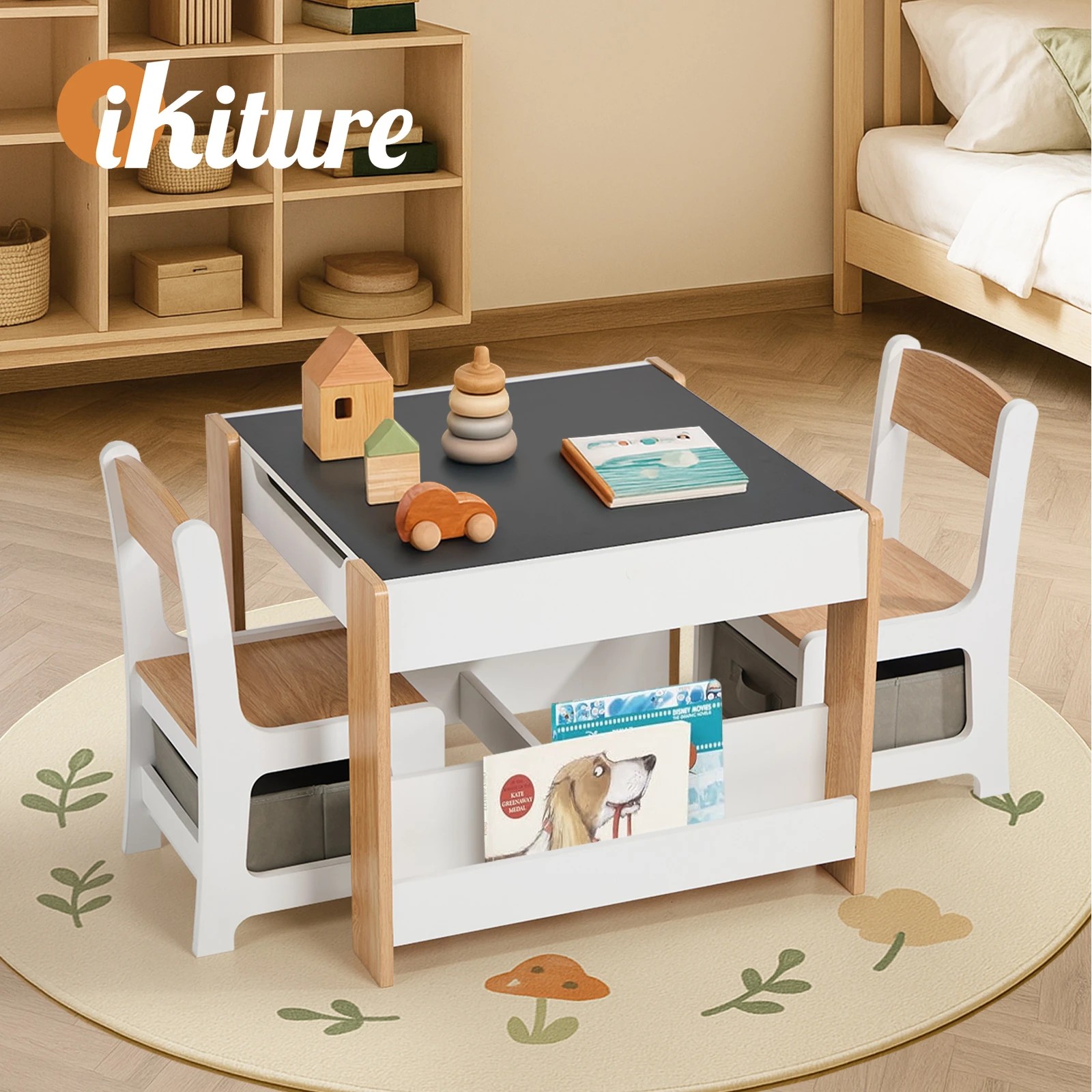 7 Oikiture Kids Table and Chairs Set Chalkboard Drawing Toys Storage Bookshelf - Multi, 7 of 10