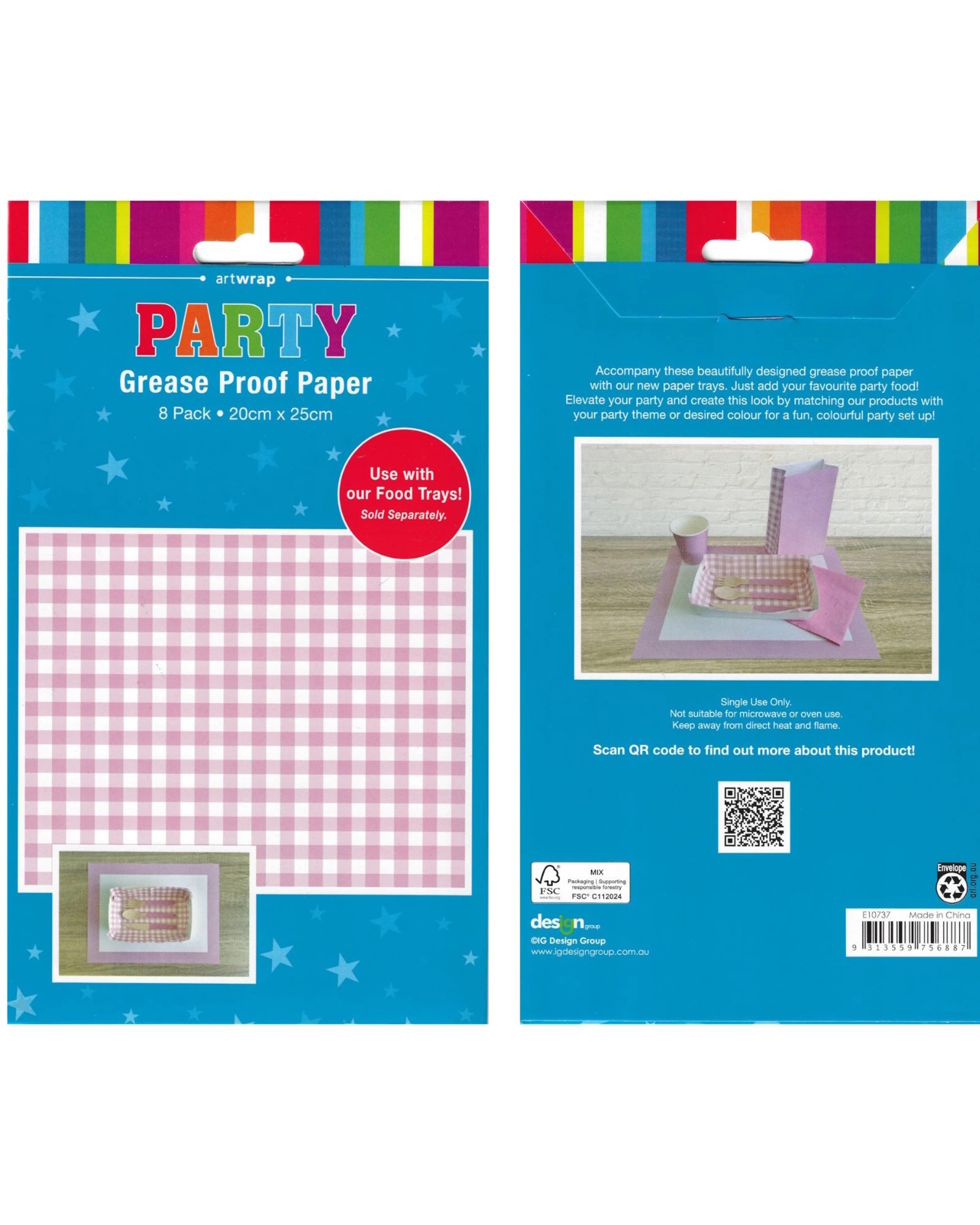 5 Artwrap Pink Gingham Grease Proof Paper Plate Tray Liners 8 SheetsPink - Pink, 5 of 5