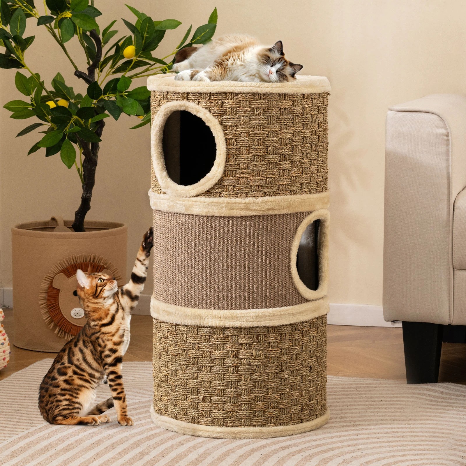 4 Costway 3-Story Cat Condo 70cm Cat Hideaway w/Sisal Scratching Pad, 4 of 6