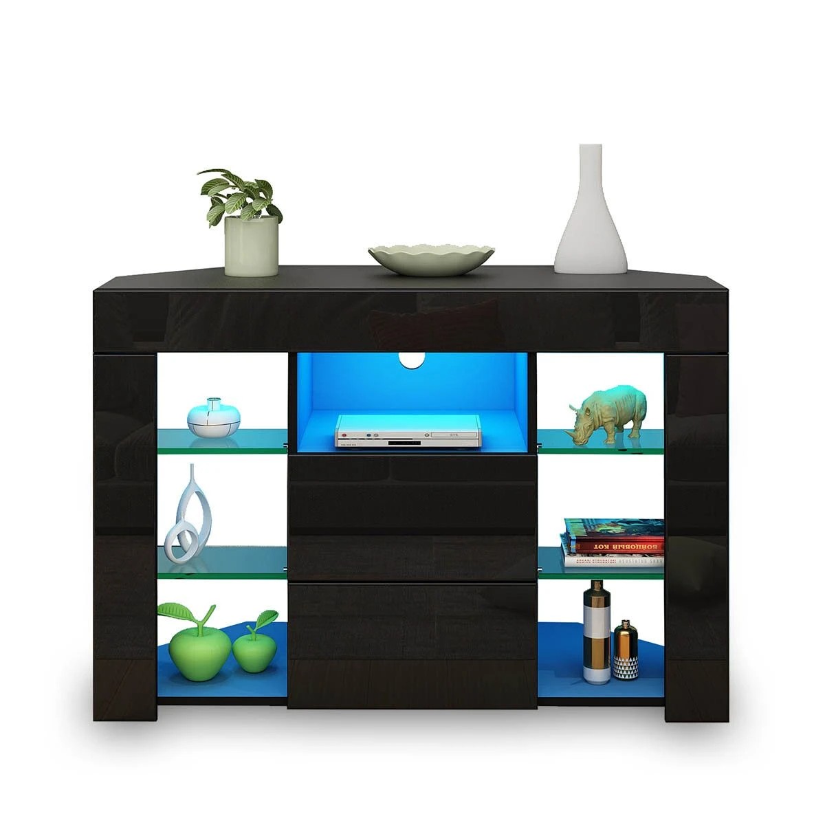 6 Ausway Modern TV Cabinet Storage Unit 2 Drawers High Gloss LED Lighted, 6 of 8