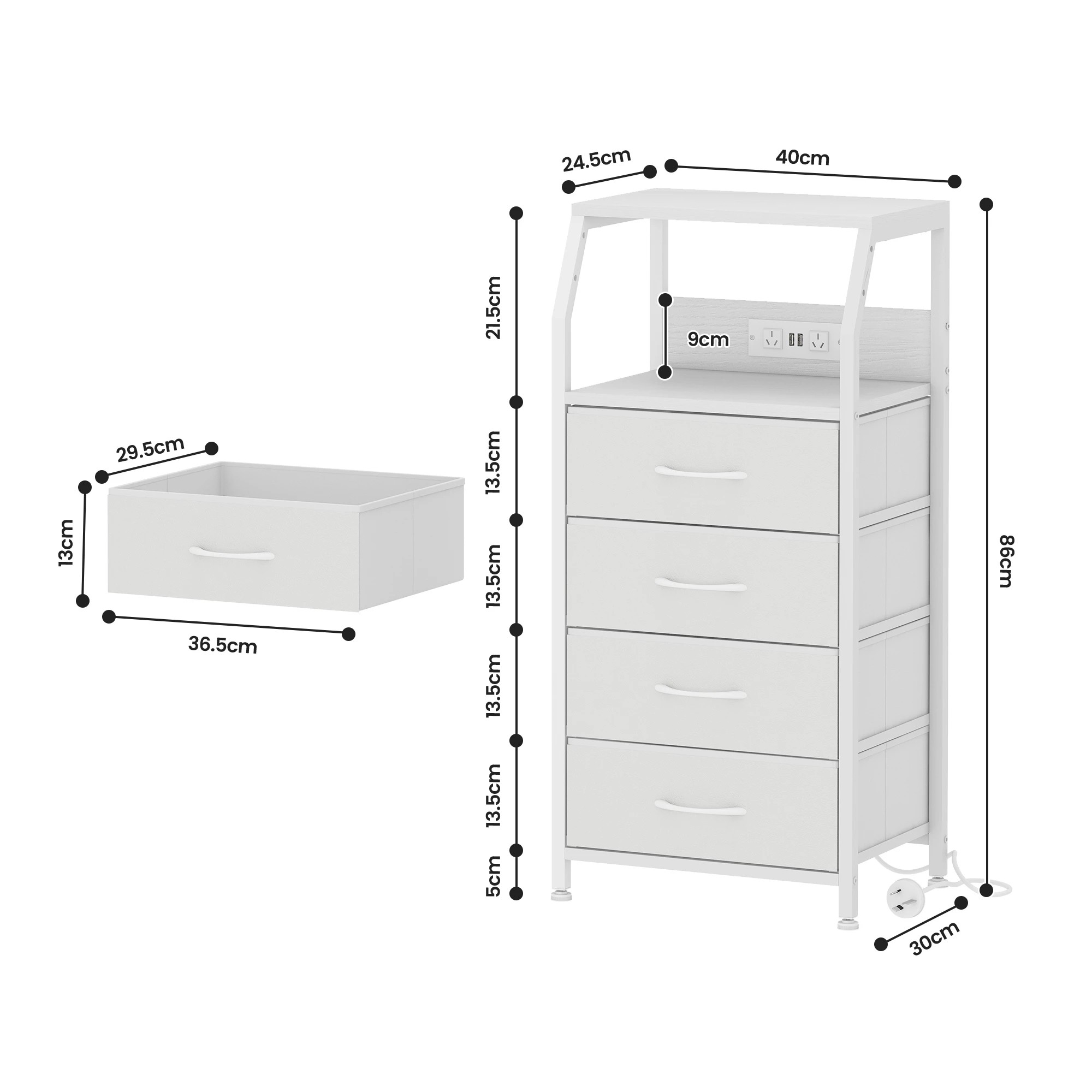 3 Advwin Set of 2 Bedside Table with Charging Station 4 Fabric Drawers Nightstand - White, 3 of 10