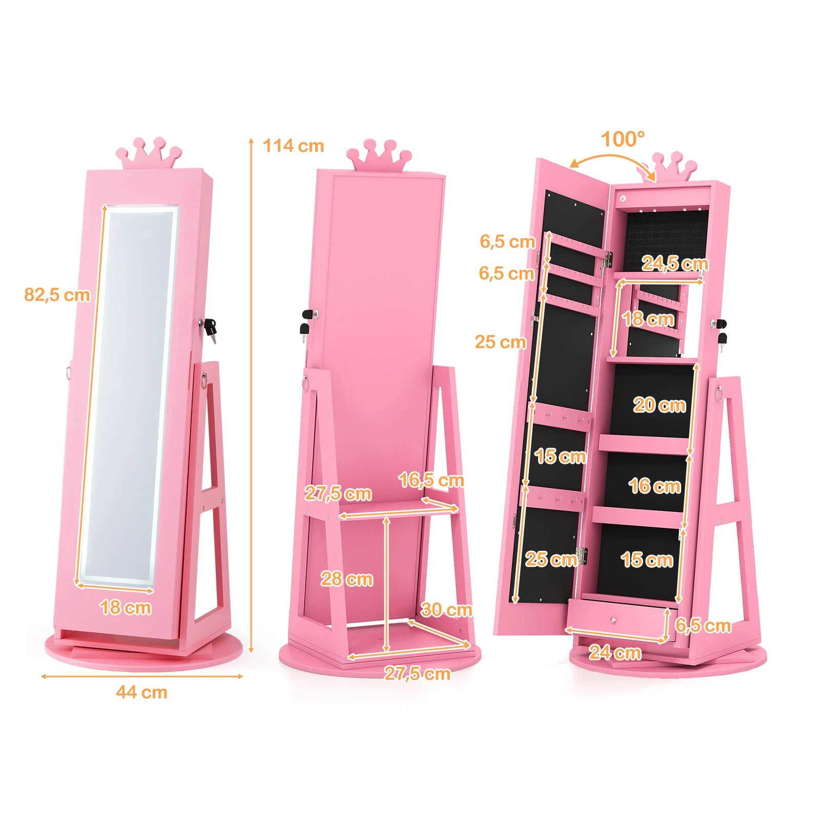 8 Costway Swivel Mirror Jewellery Cabinet Jewelry Organizer Standing Box Princess Armoire - Pink, 8 of 9