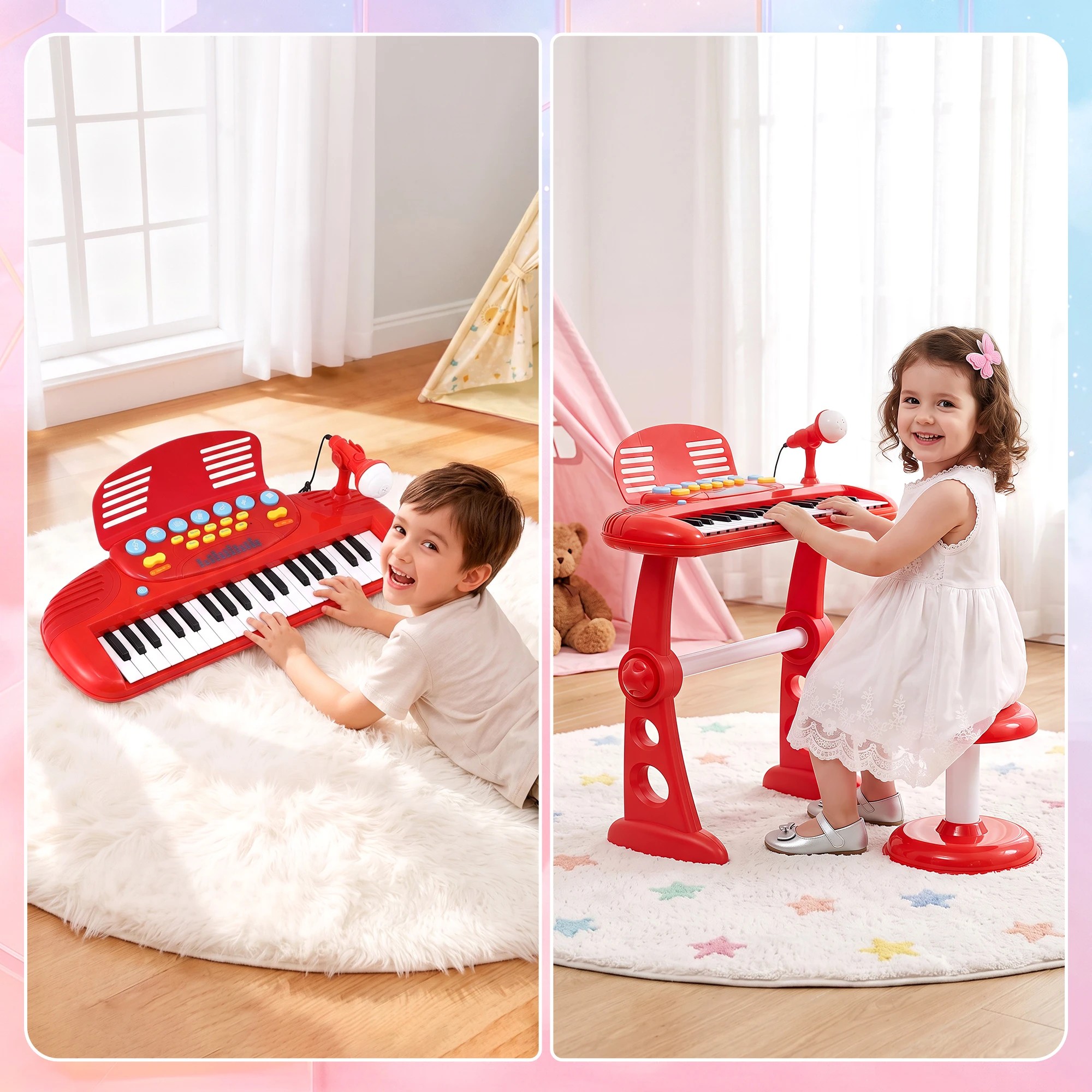 8 Keezi Kids Piano Keyboard 37 Keys Electronic Musical Instrument Set w/ Stool Microphone - Red, 8 of 9