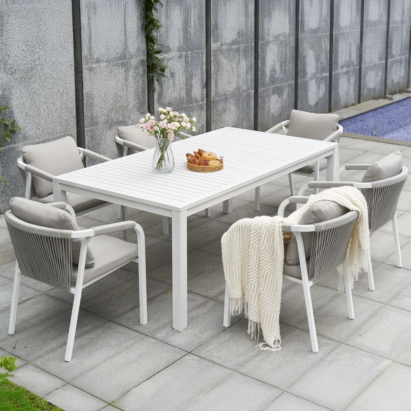 3 Moda Living La Perouse 7-Piece White Aluminium Outdoor Dining Set - Light Beige Cushion - White, 3 of 10