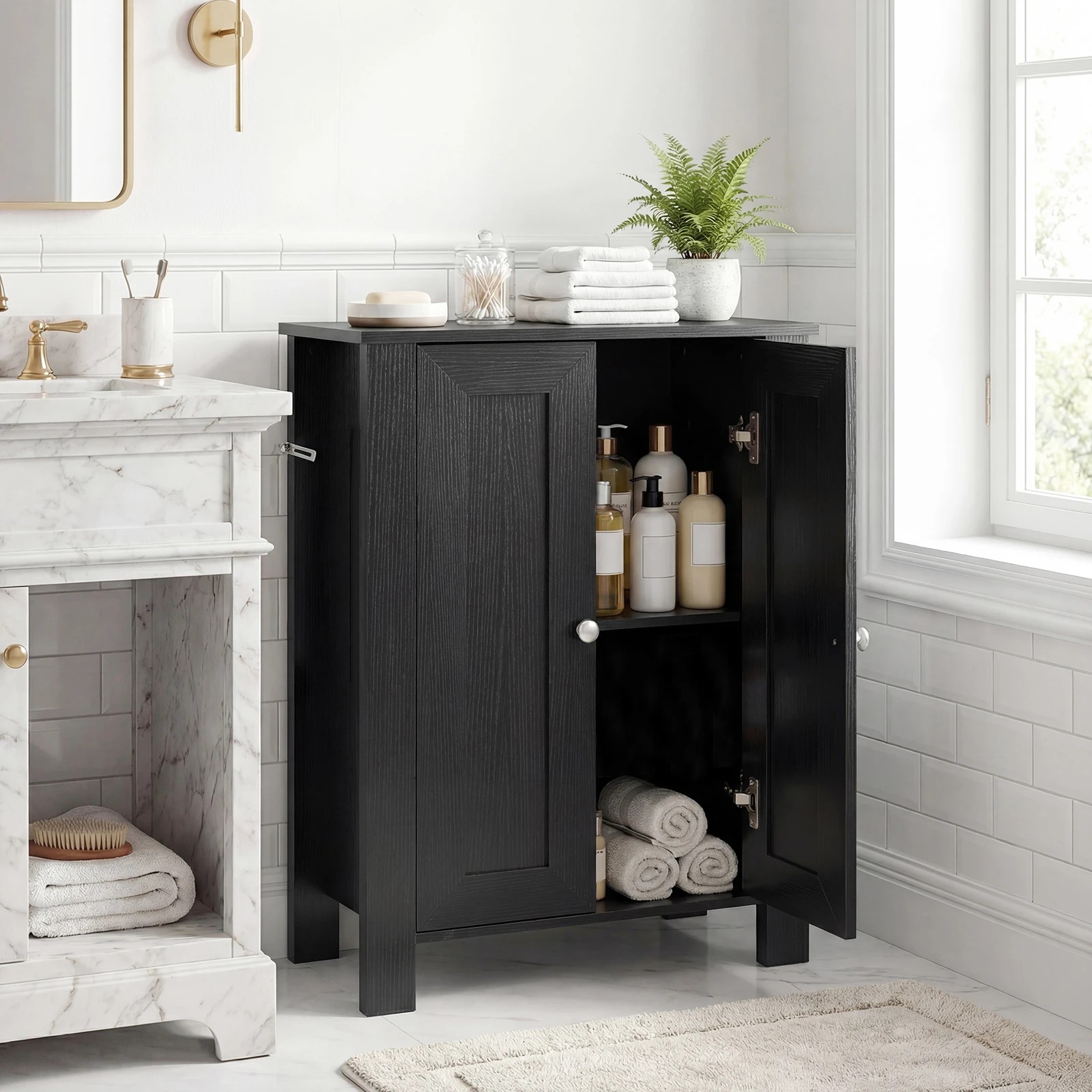 3 Costway 2-Door Bathroom Cabinet Wood Storage Organizer w/Adjustable Shelves, 3 of 8