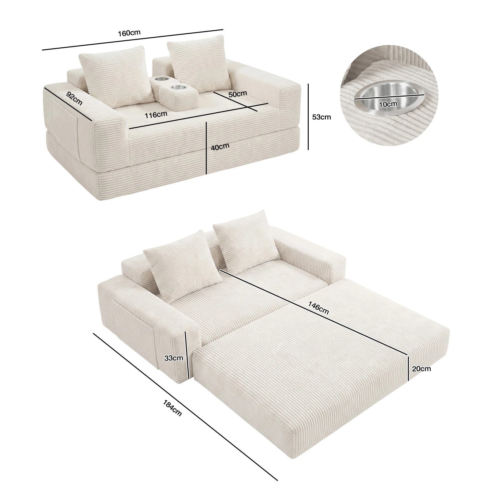 2 Advwin Folding Sofa Bed 2 in 1 Convertible Floor Loveseat Fold Out Corduroy Sleeper Couch - Beige, 2 of 7