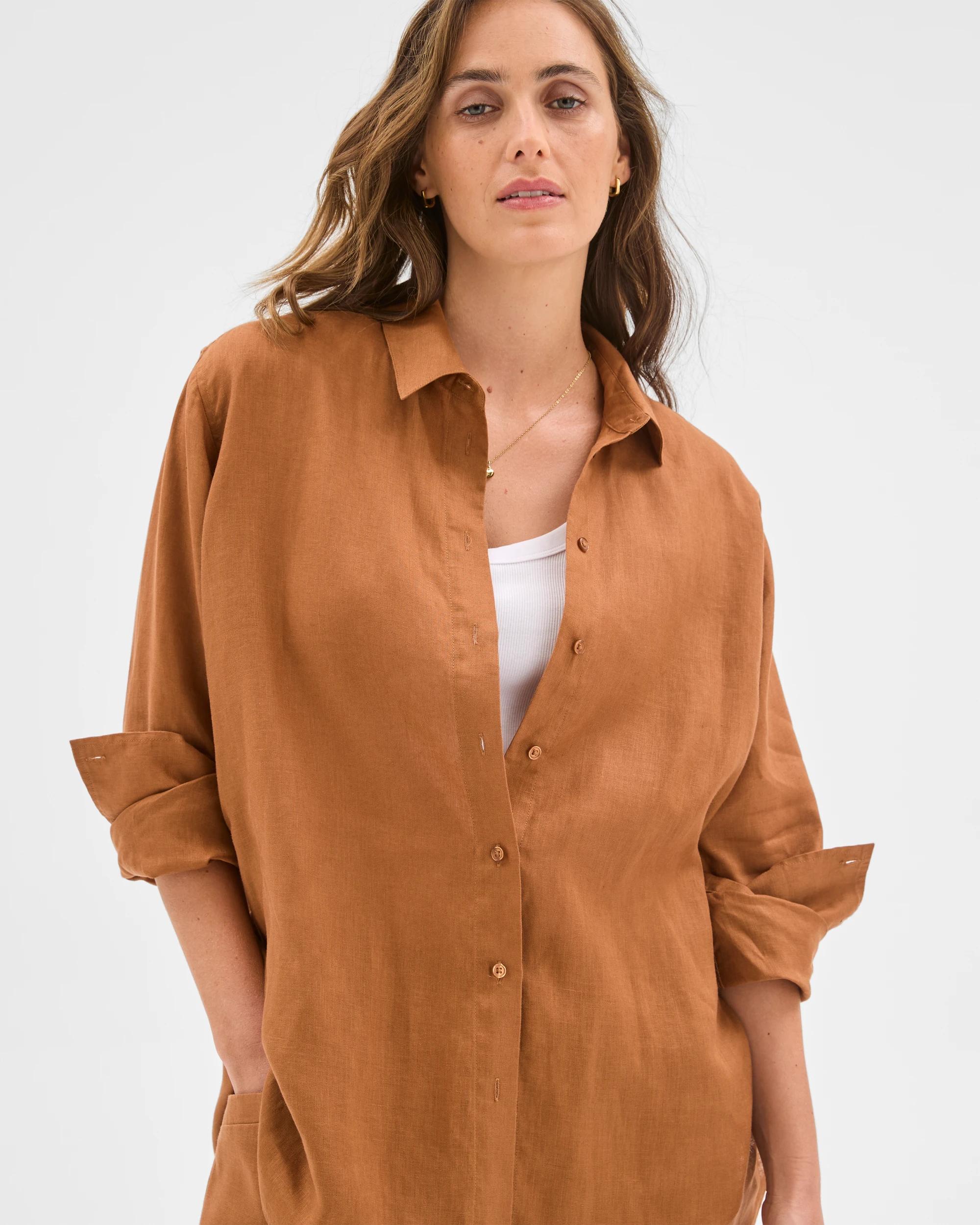 1 Target European Linen Long Sleeve Shirt BUTTERSCOTCH, 1 of 6