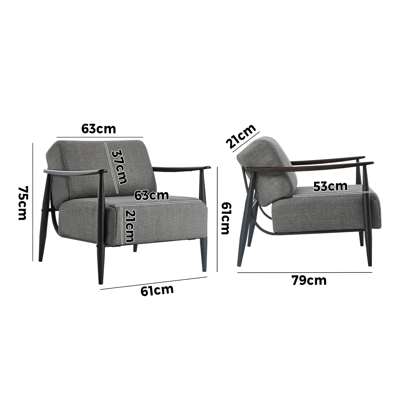 2 Oikiture Wooden Armchair Lounge Sofa Chair Fabric Accent Armchairs - Grey, 2 of 10