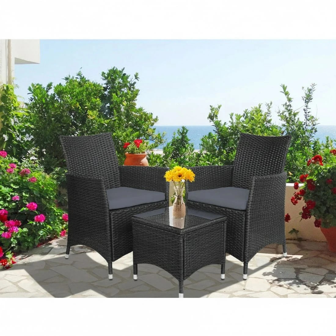 5 Gardeon 3PC Outdoor Bistro Set Patio Furniture Wicker Setting Chairs Table Cushion - Black, 5 of 8