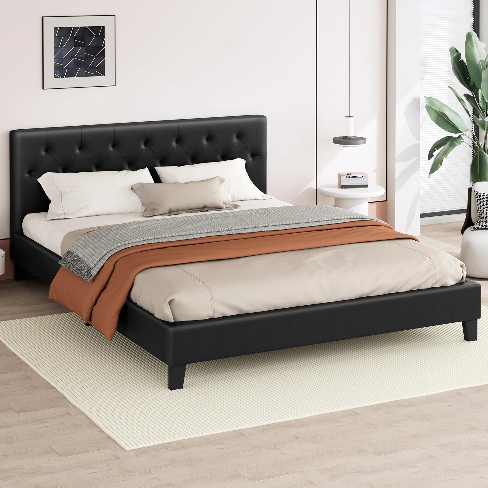 9 Alfordson Bed Frame Double Size Wooden Base Platform Leather Madelyn - Black, 9 of 10