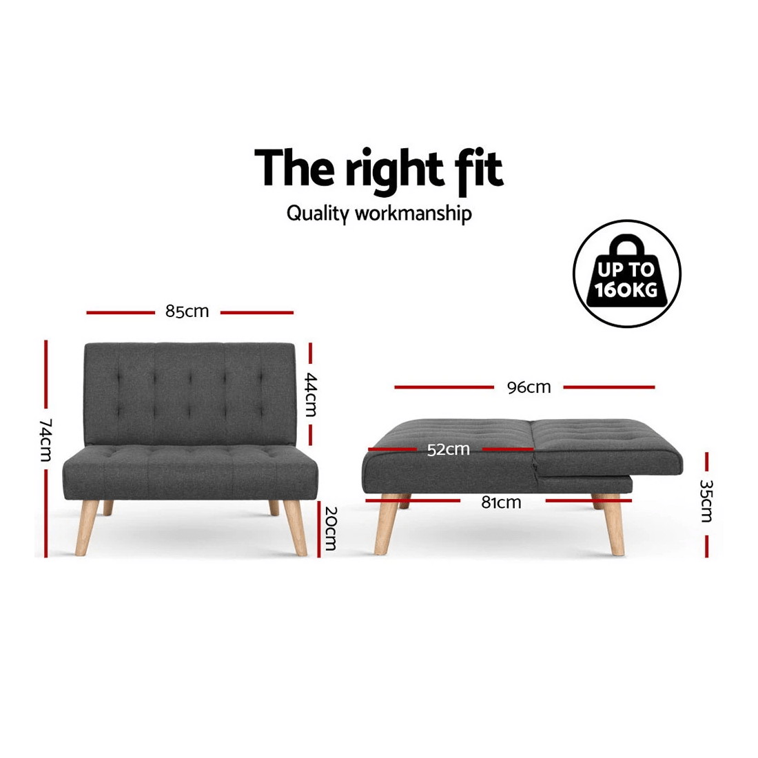 2 Artiss Sofa Bed Couch 1 Seater Lounge Fabric - Grey, 2 of 7
