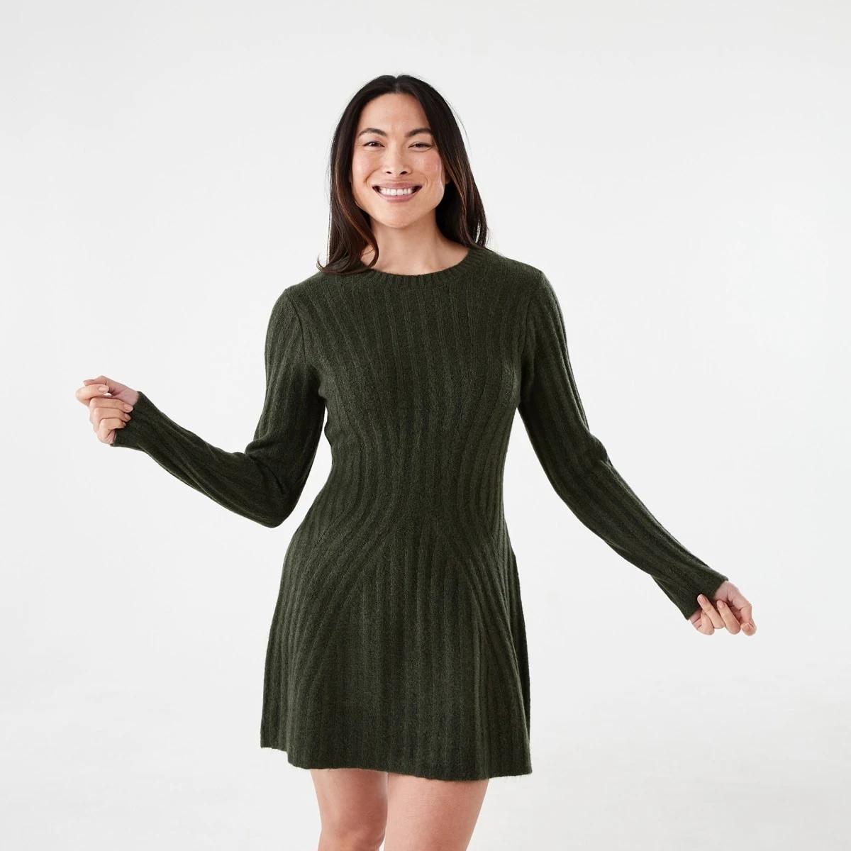 1 Long Sleeve Rib True Knit Skater Mini Dress Cargo Grn, 1 of 6