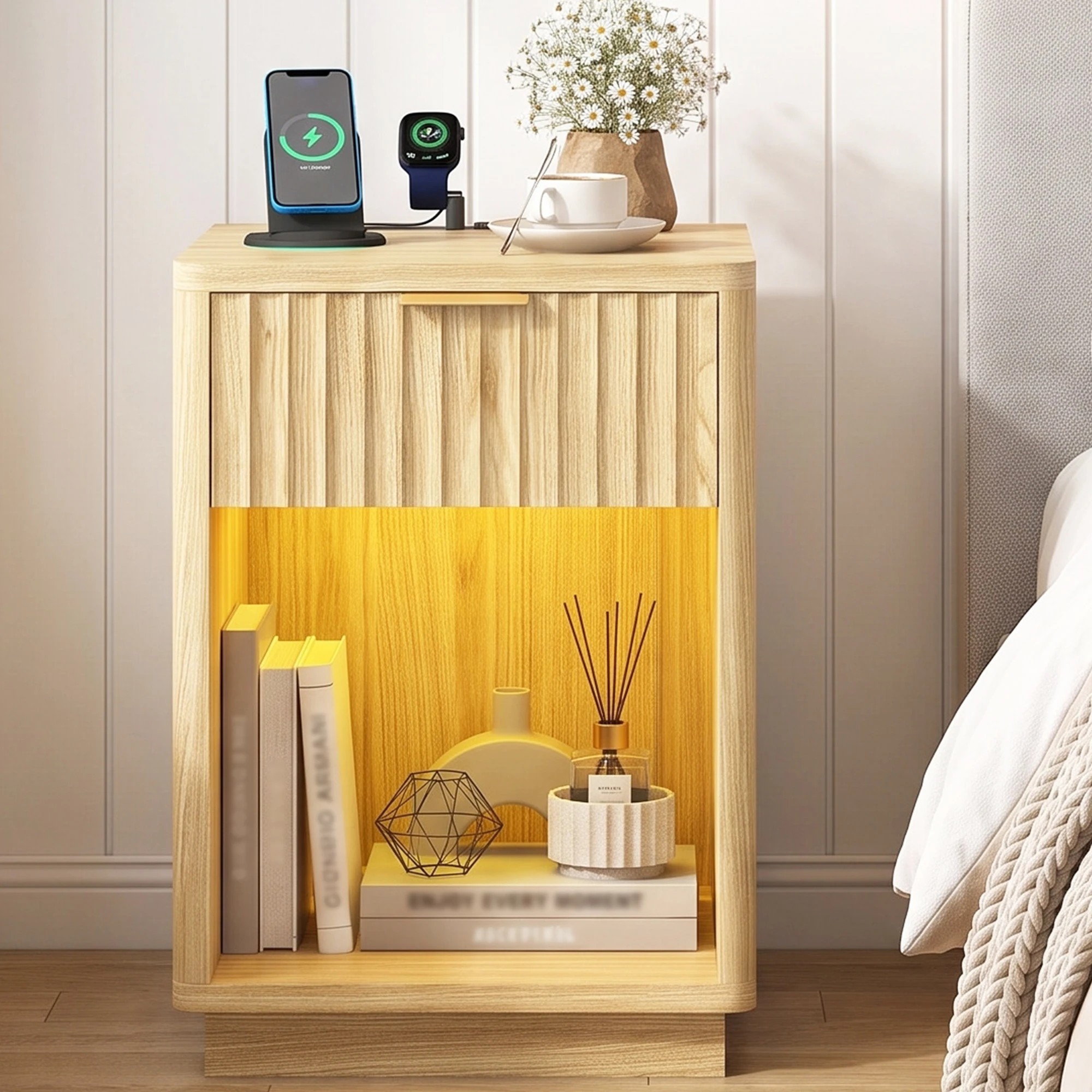 8 Advwin Fluted Wood Bedside Table with LED Light Charging Station Drawer & Shelf - Natural, 8 of 9