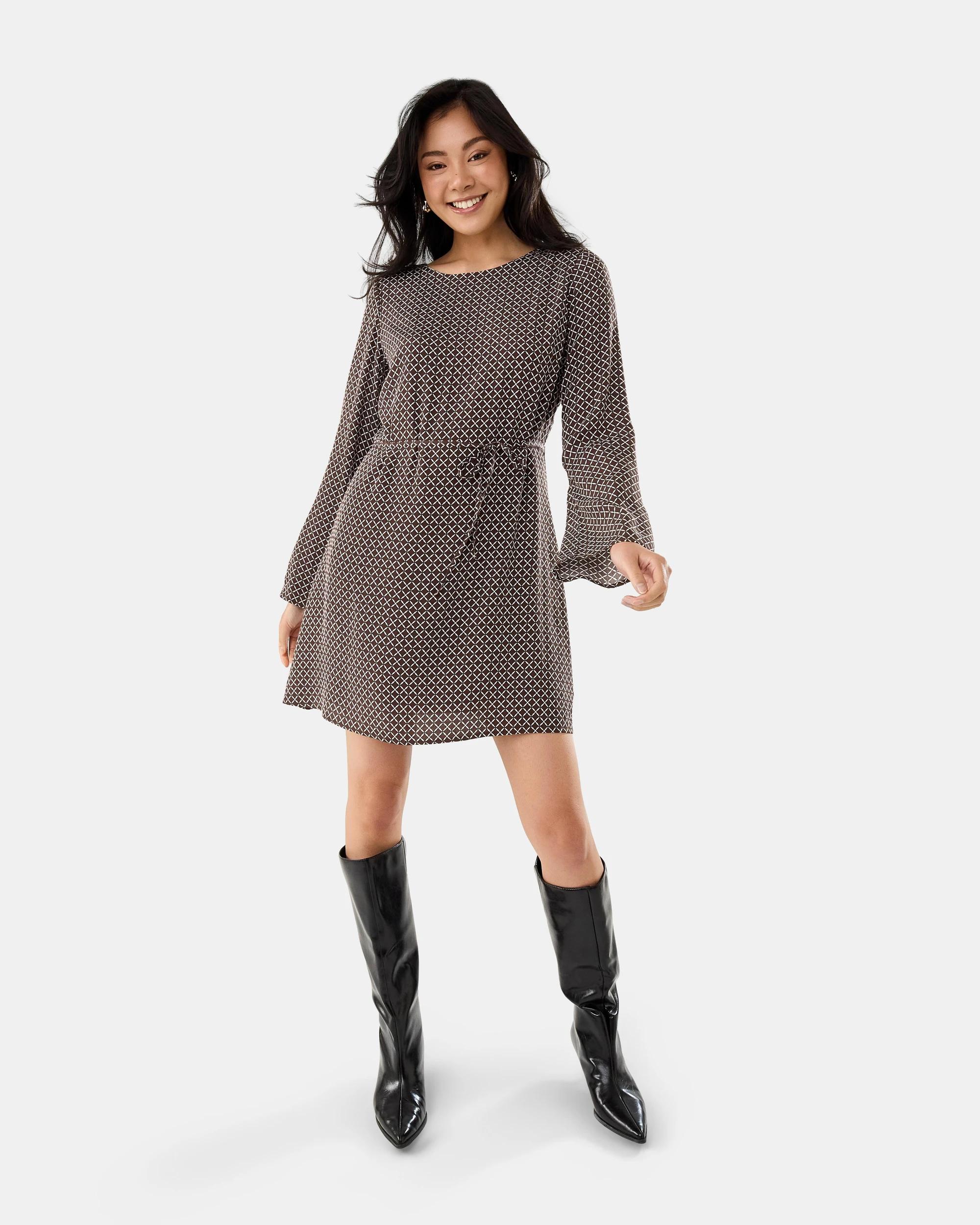 2 Long Sleeve Crepe Tie Mini Dress Mono Tile, 2 of 9