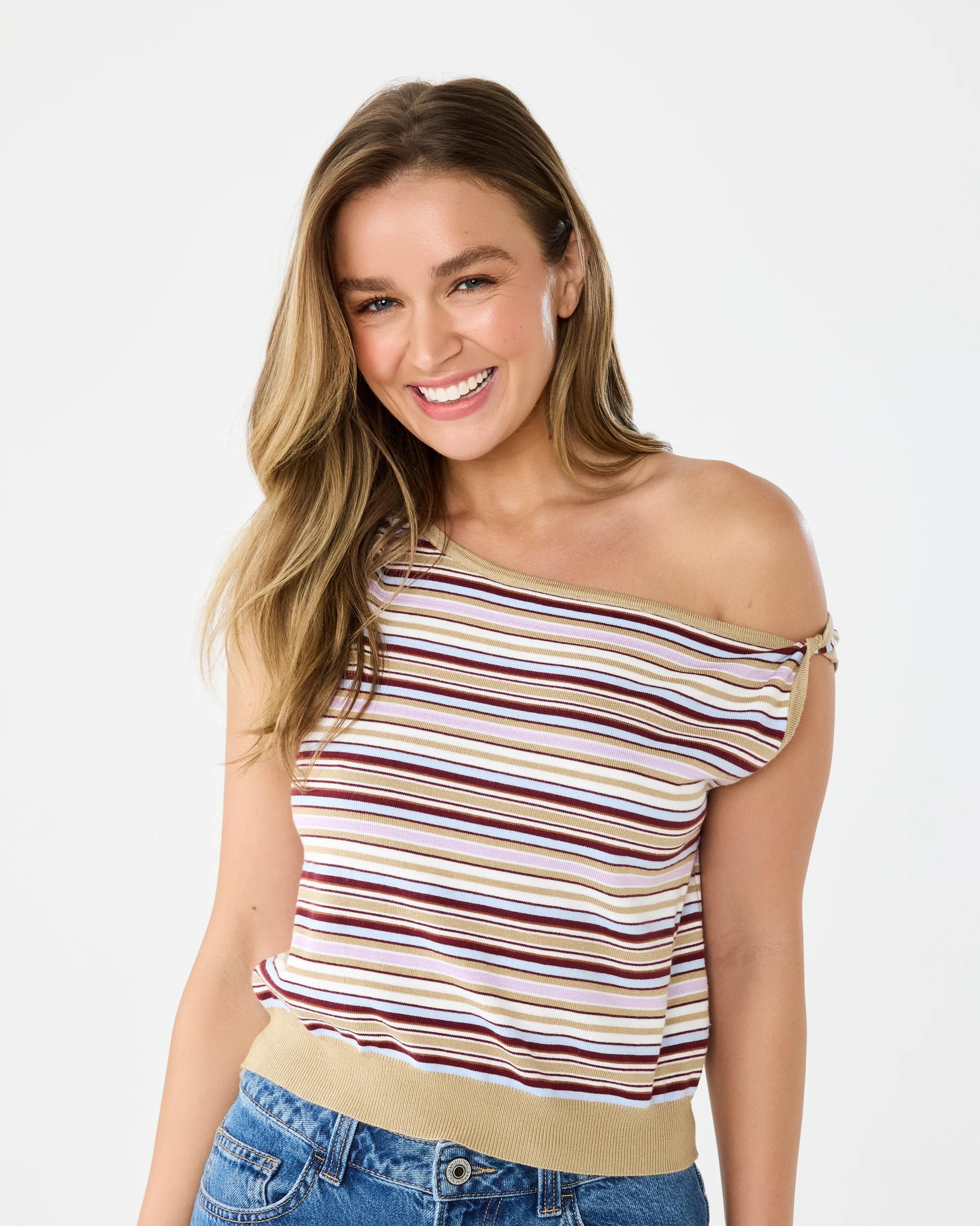 1 Sleeveless Asymmetric Off Shoulder Top Retro Strp, 1 of 6