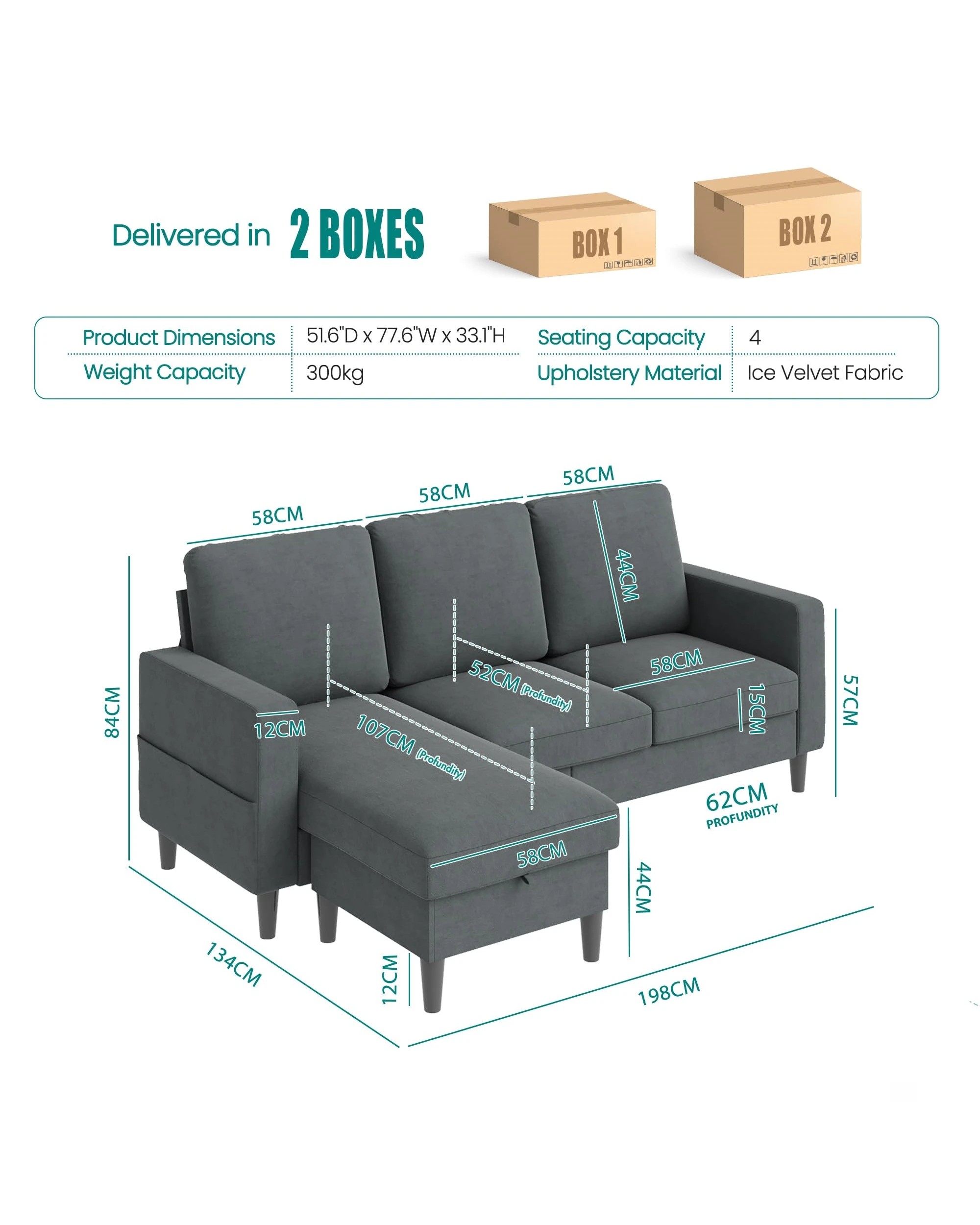 2 Advwin 3 Seater Sofa Modular Corner Lounge Chaise Set With Storage Ottoman Grey, 2 of 9