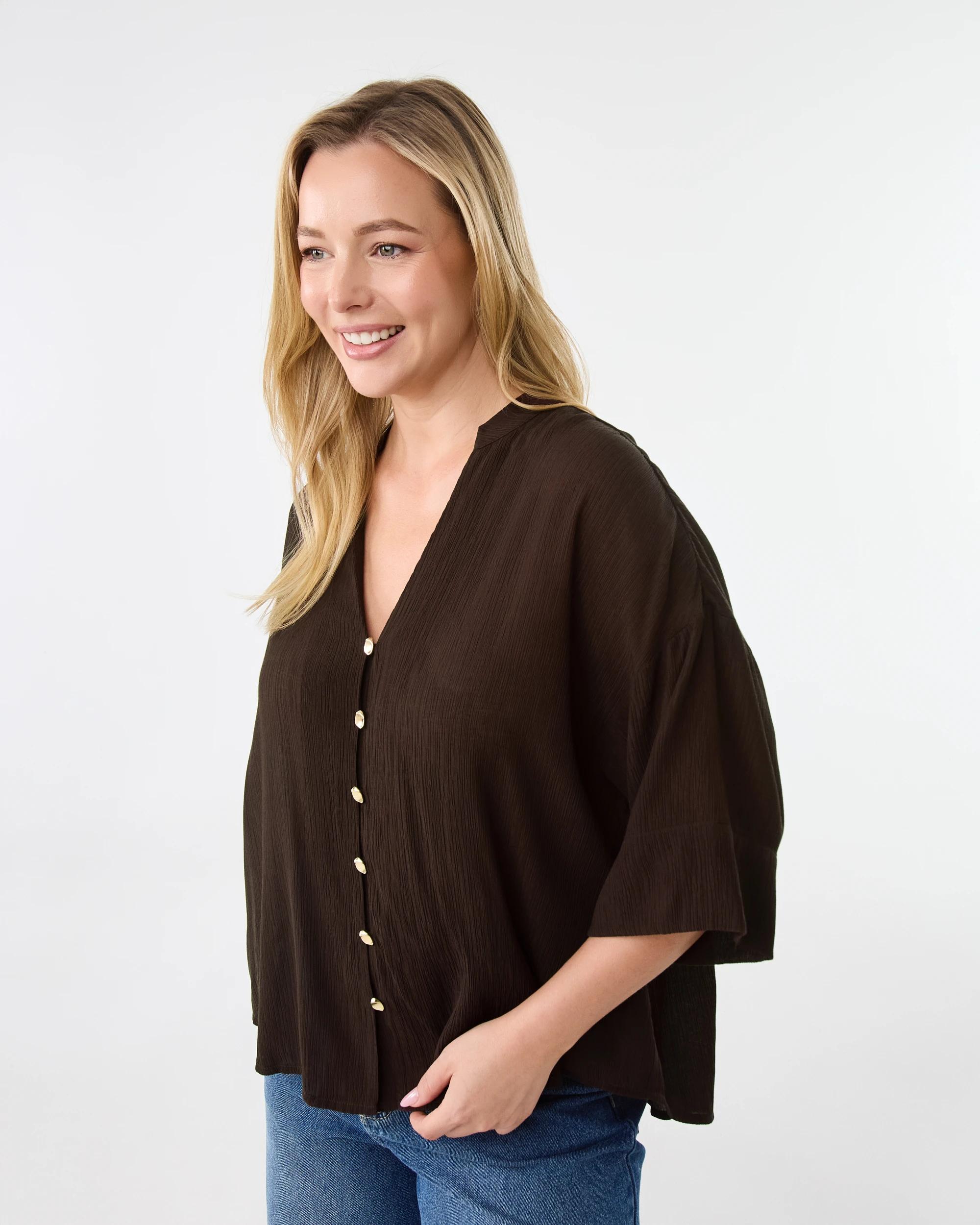 2 Short Sleeve Dolman Button Detail Shirt Melt Brown, 2 of 6