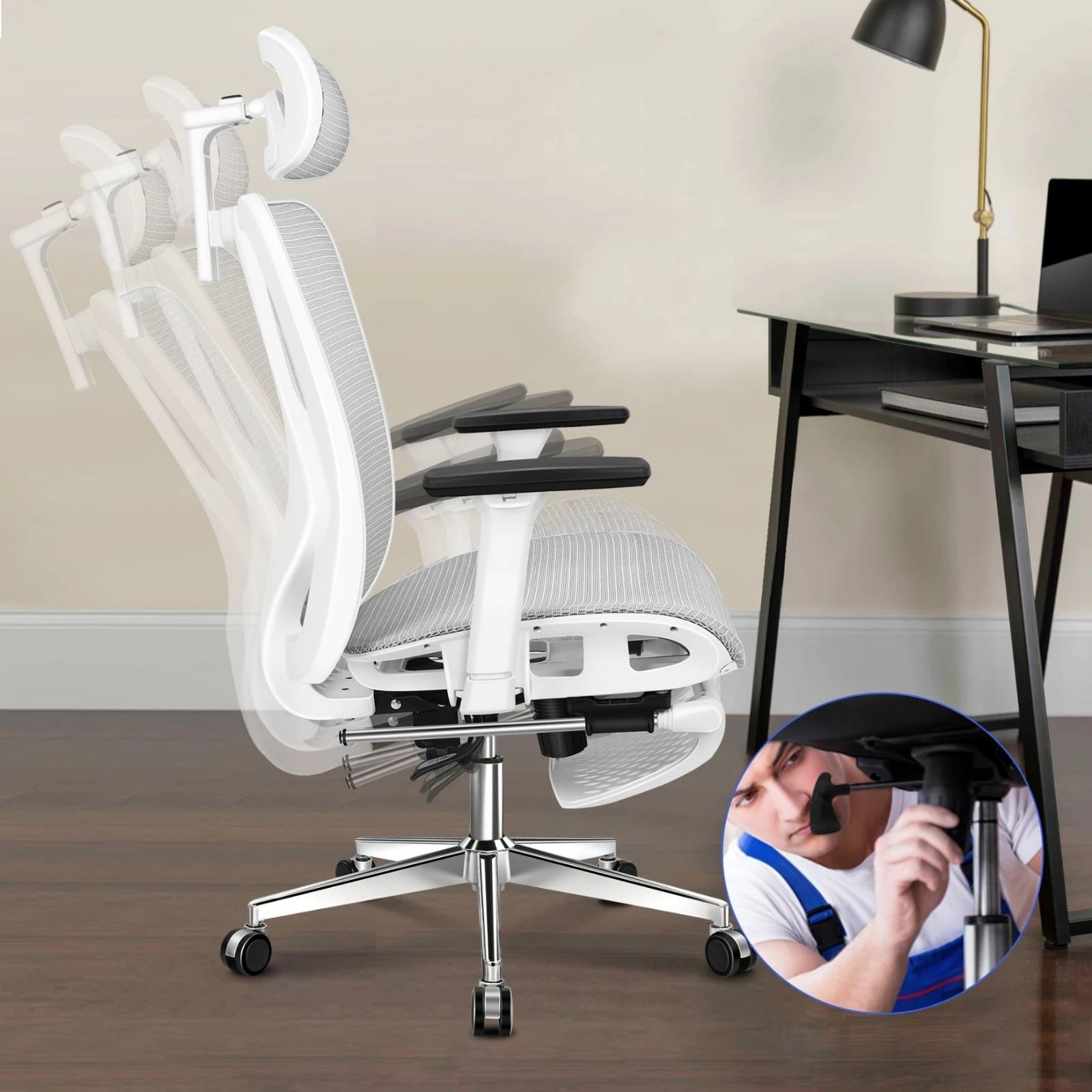 5 Alfordson Ergonomic Office Chair Executive Mesh Seat Gaming Work Computer - White Grey, 5 of 10