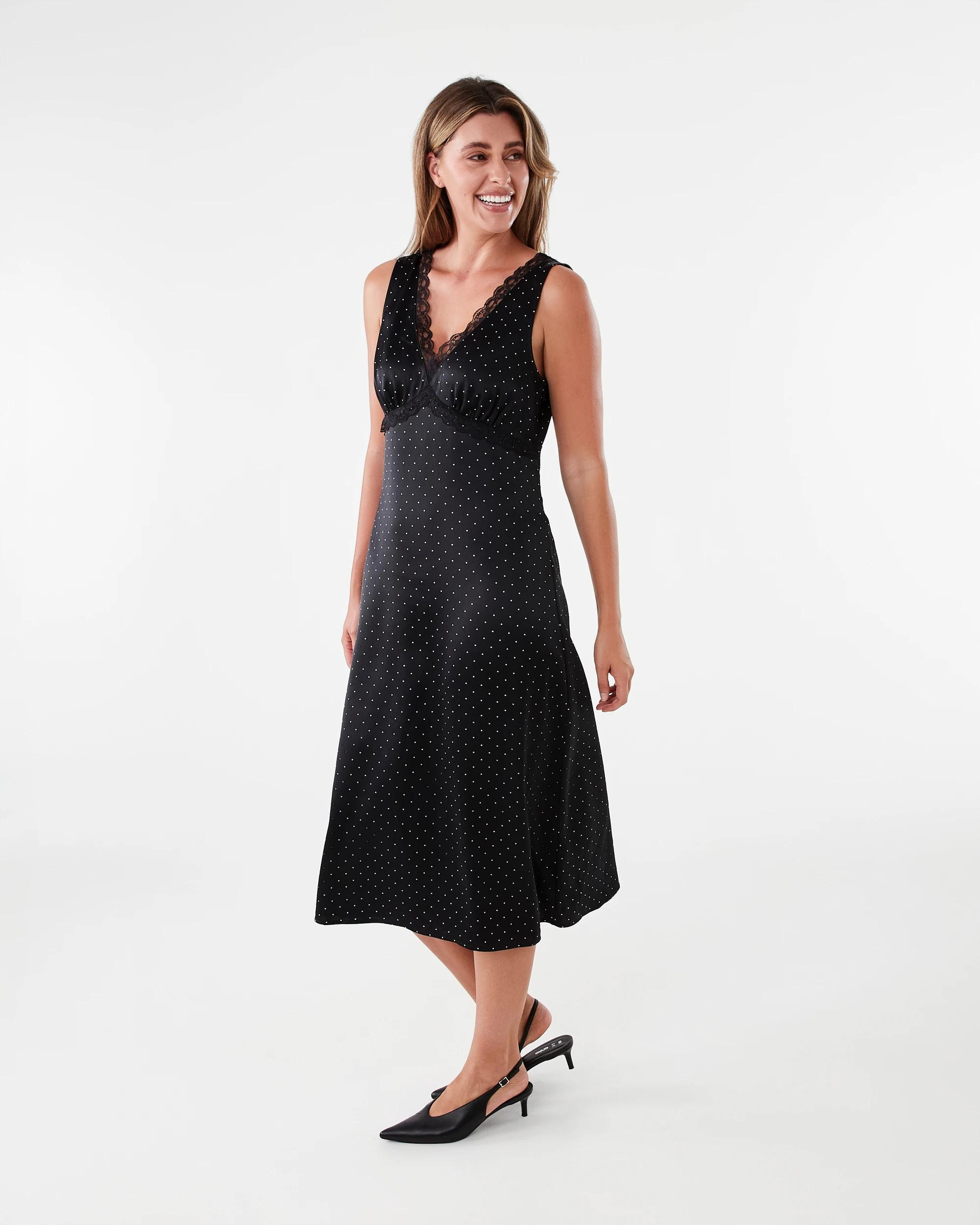 3 Sleeveless Satin Lace V-Neck Midi Dress Spot Blk, 3 of 8