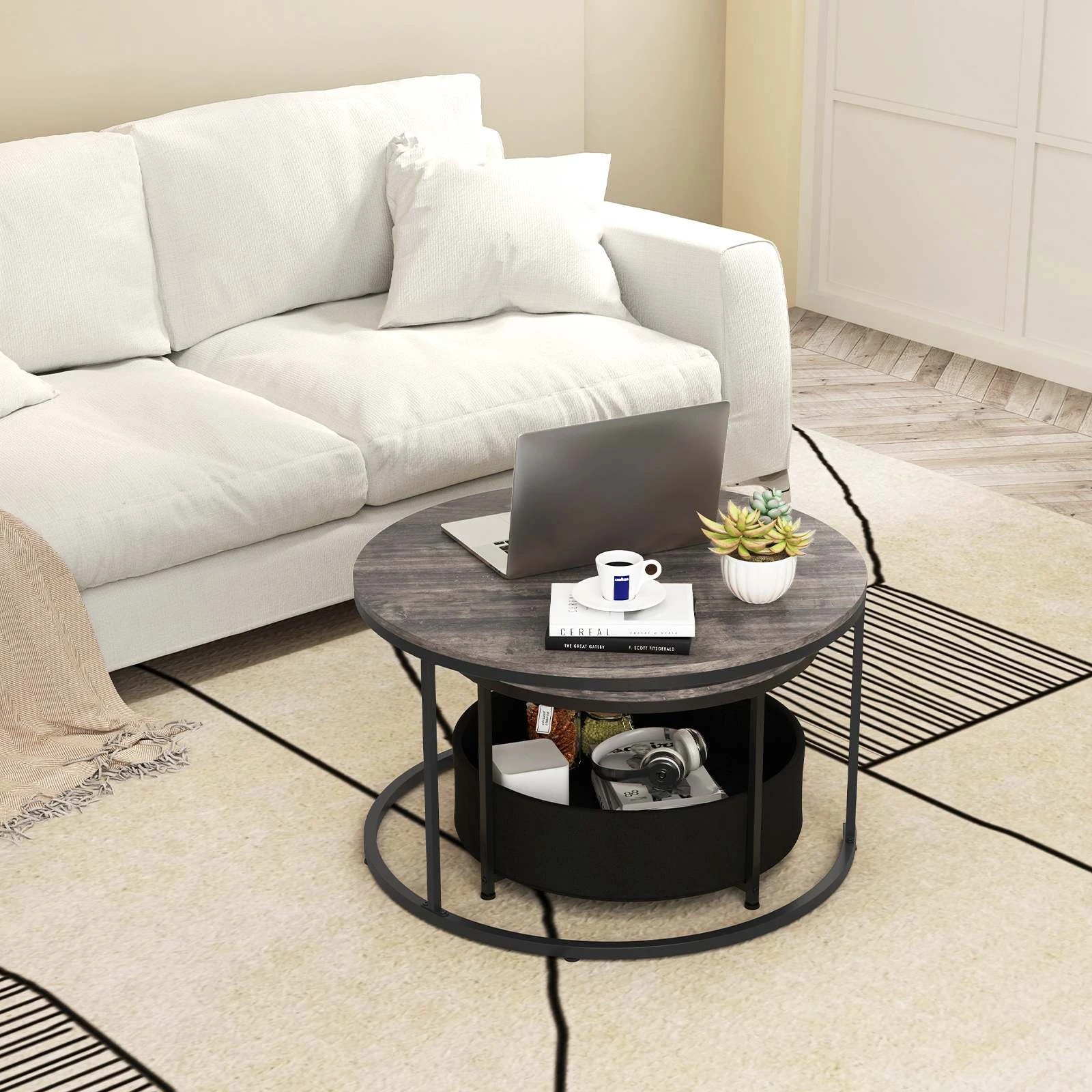 4 Costway 2 IN 1 Nesting Coffee Table Set of 2 w/Storage Round Sofa Side Table, 4 of 4