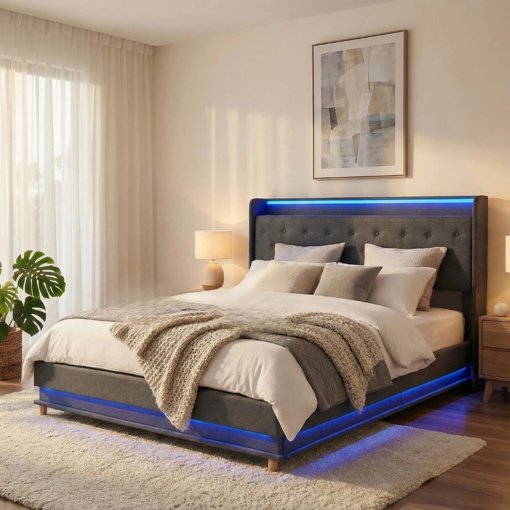 8 Levede K Size Bed Frame Fabric with LED and Charging Station, 8 of 8