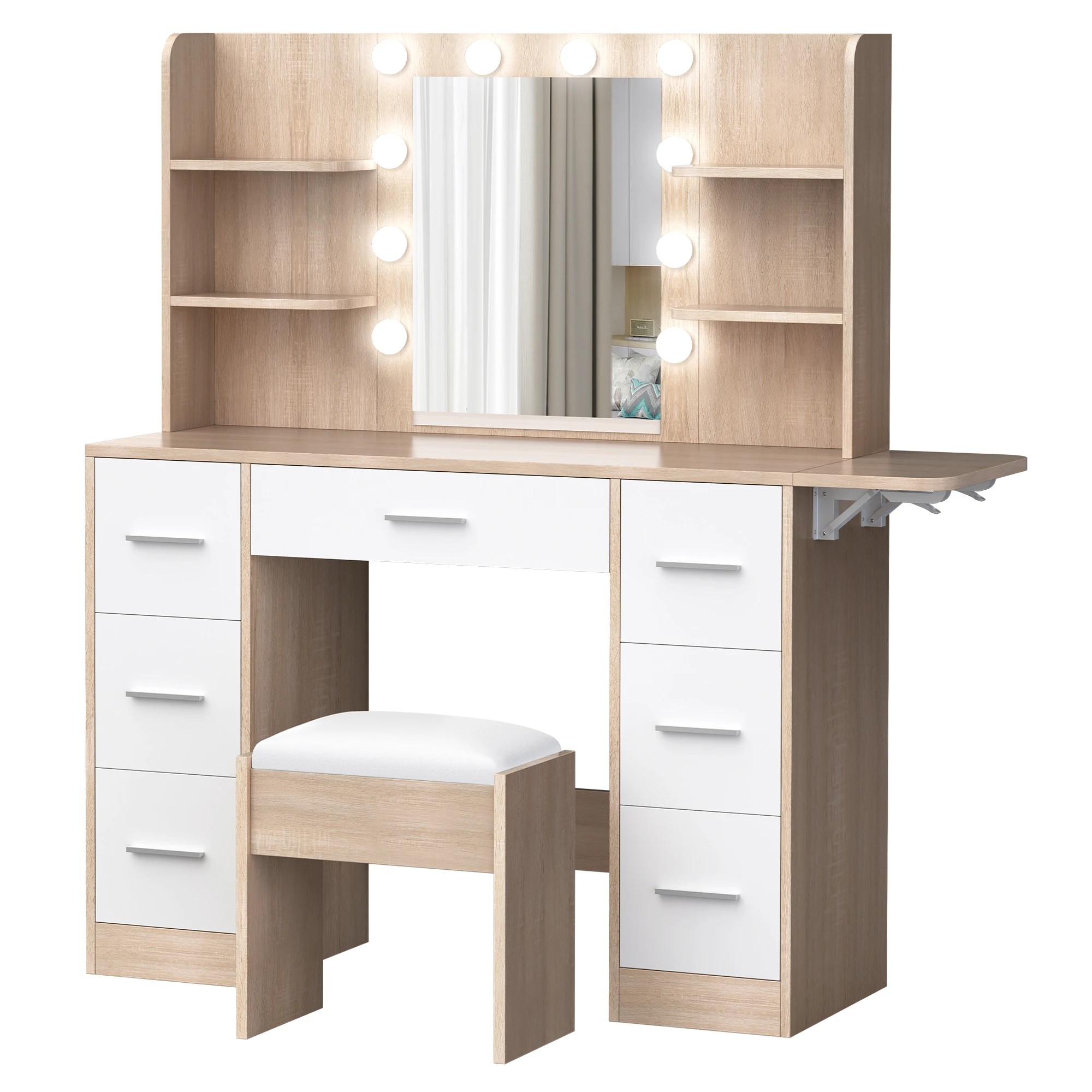 2 Alfordson Dressing Table Stool Set Makeup Mirror Vanity Desk LED Bulbs - Oak, 2 of 10