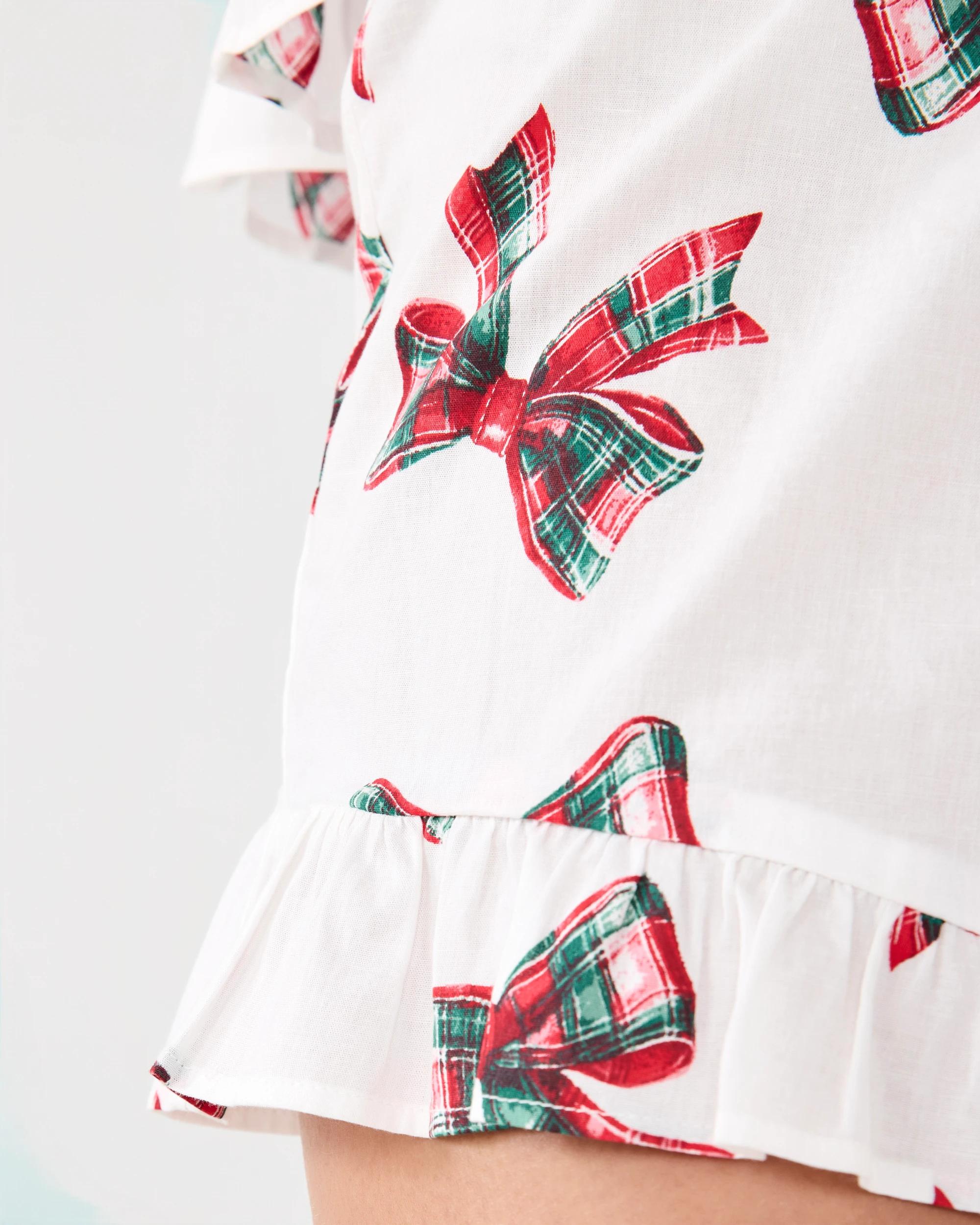 10 Short Sleeve Ruffle Woven Top & Shorts Pyjama Set Xmas Bows, 10 of 10
