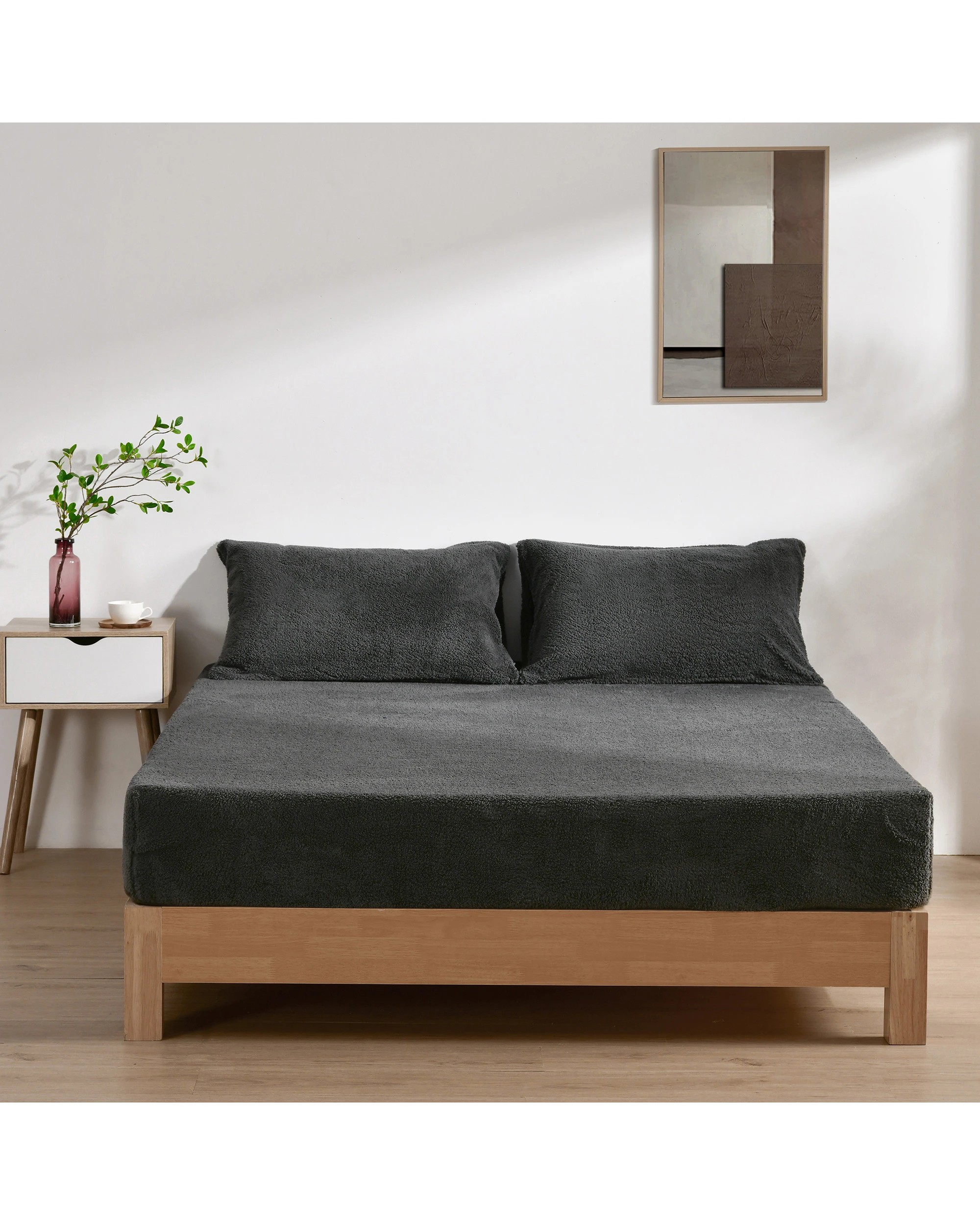 1 Dreamaker Jasper Teddy Fleece Combo Fitted Sheet Set - Double Bed - Charcoal, 1 of 7