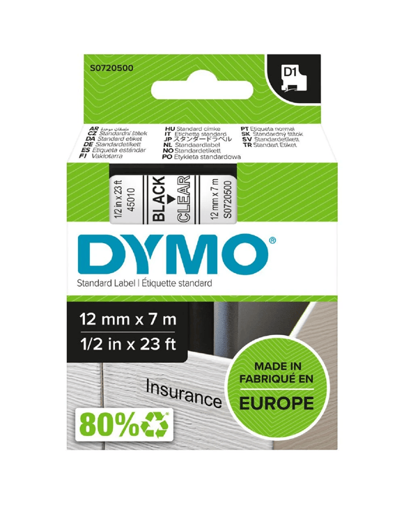 DYMO D1 Label Tape 12mm x 7m Black on Clear
