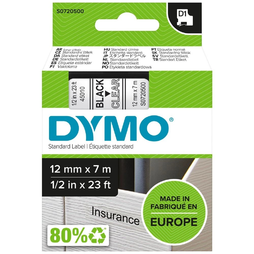 1 DYMO D1 Label Tape 12mm x 7m Black on Clear, 1 of 4