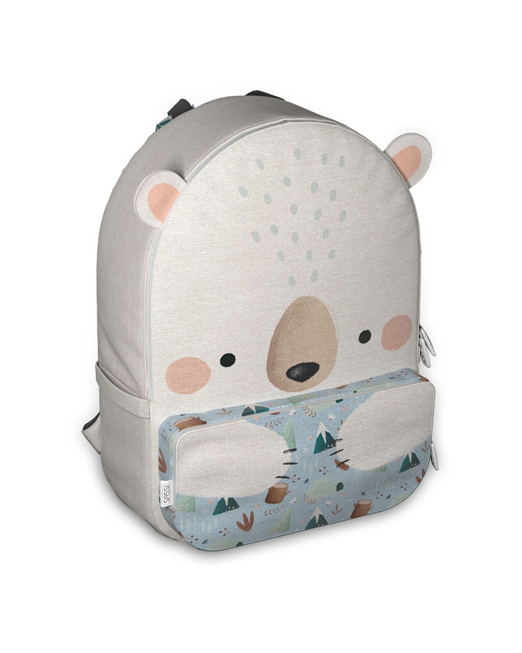 1 Sassi A4 Junior Cotton Backpack Munchy The Bear Soft Breathable Kids Bag - One Size - Grey, 1 of 3