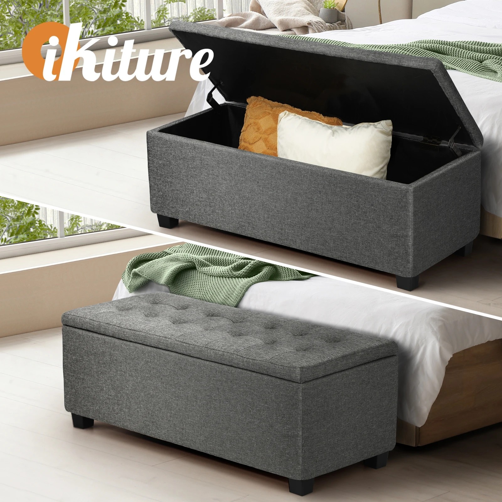 2 Oikiture Storage Ottoman Blanket Box Faux Linen Chest Toy Foot Stool
 - Grey, 2 of 10