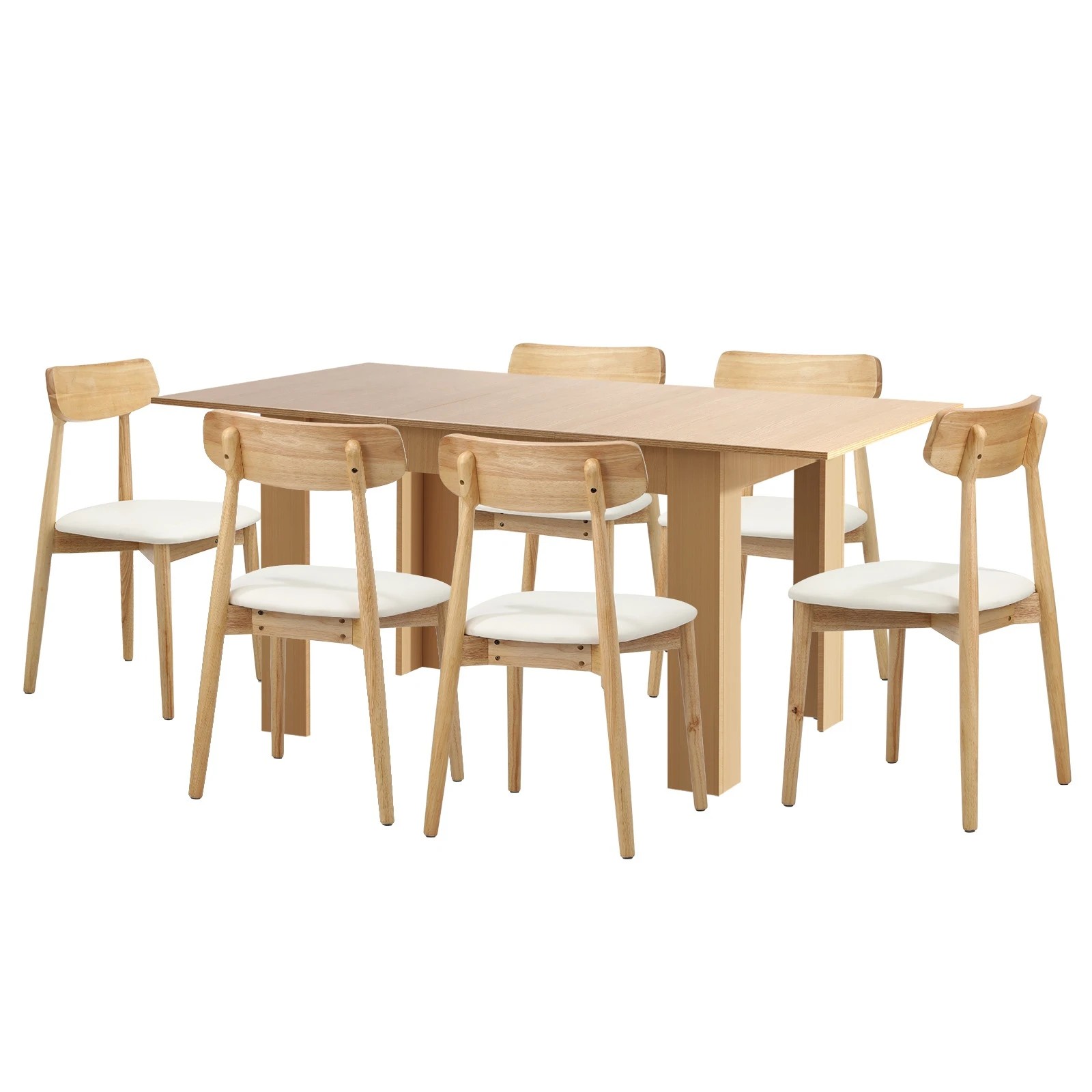 1 Oikiture 160cm Extendable Dining Table with 6x Dining Chairs PU Leather - Natural, 1 of 9