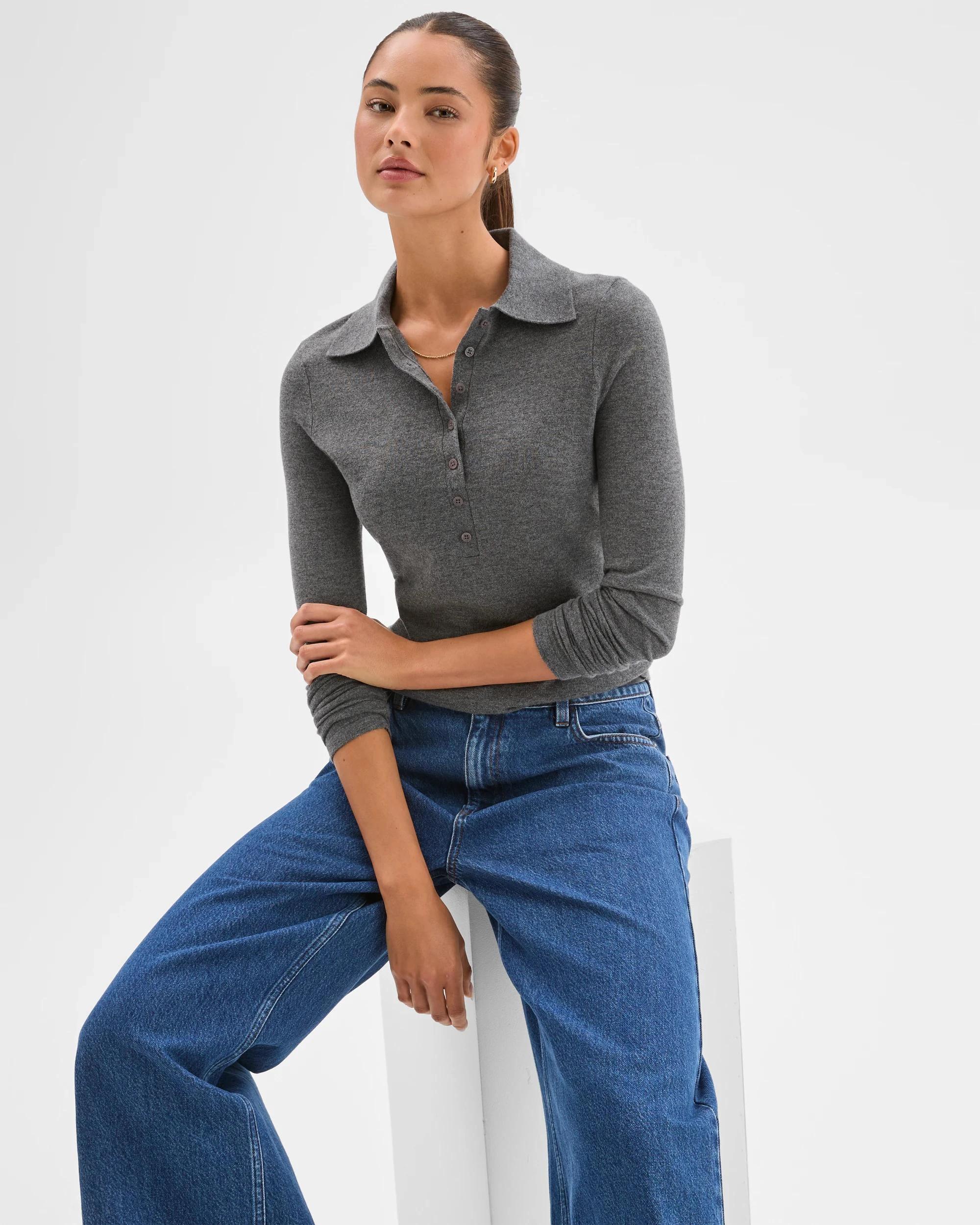 7 Lily Loves Long Sleeve Knit Polo Top GRAPHITE MARLE, 7 of 7