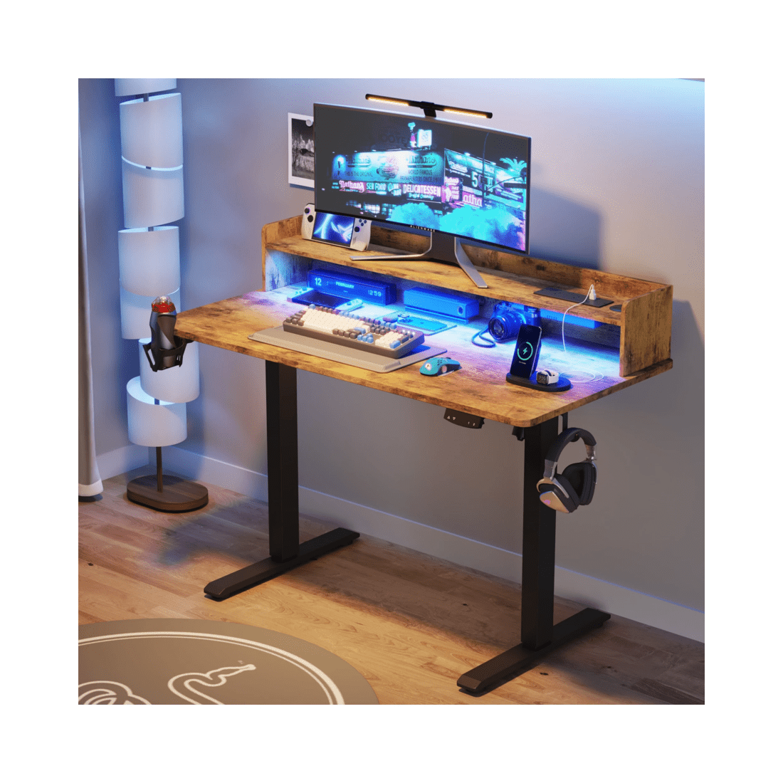 3 Advwin Led Rgb Light Electric Standing Desk With Power Outlets & Monitor Stand 120cm
 - Brown, 3 of 9