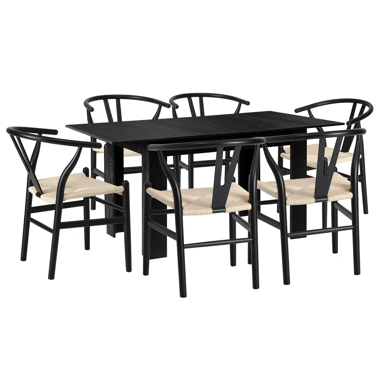 7 Oikiture 160cm Extendable Dining Table with 6x Hans Wegner Dining Chairs - Black, 7 of 9