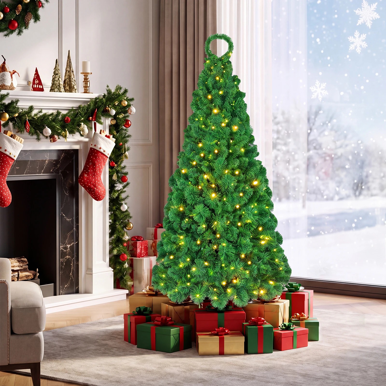3 Costway 1.5M Flocked Christmas Tree w/Bendable Top 210 LEDs Pre-Lit Artificial Decoration Tree, 3 of 4