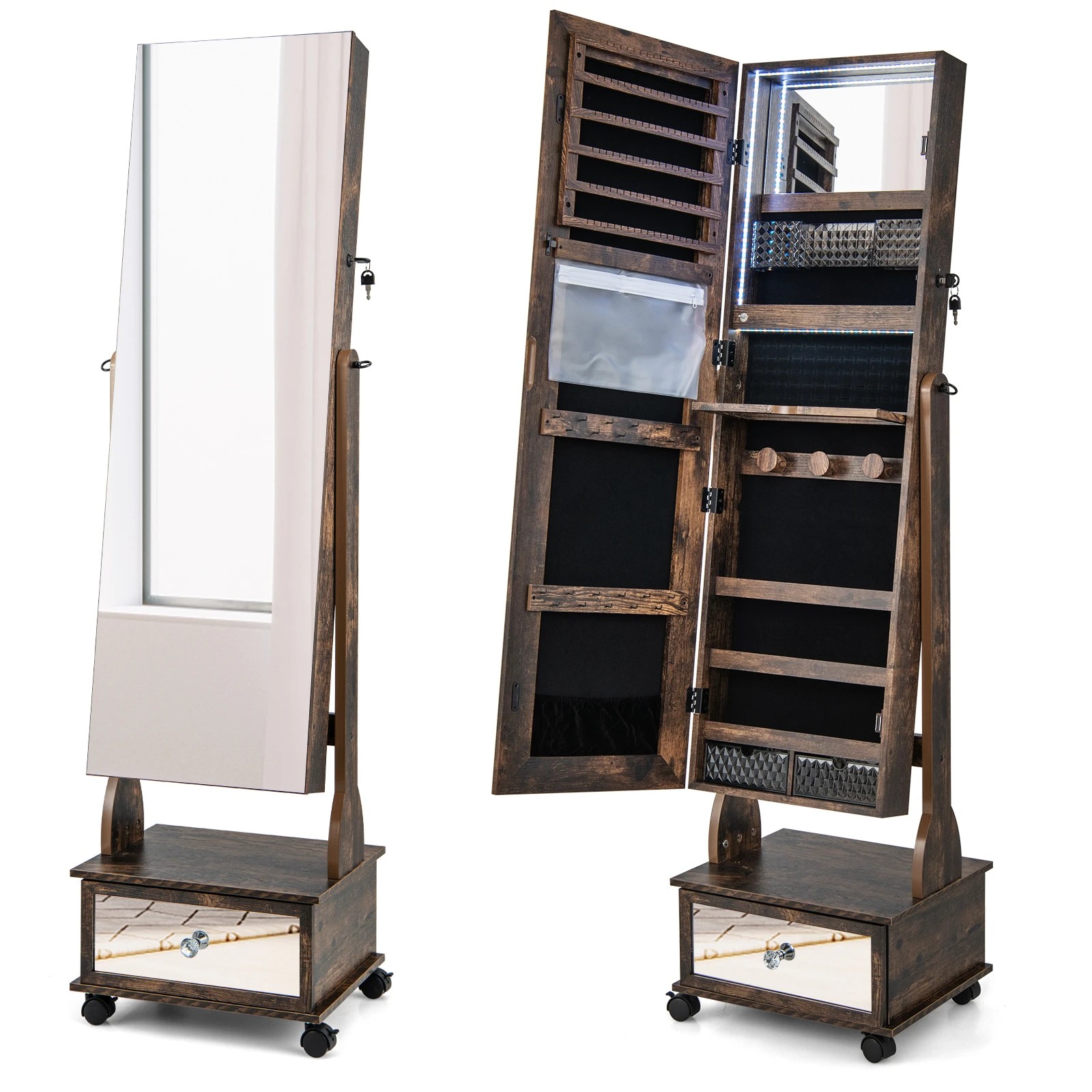 1 Costway Lockable Jewellery Cabinet Mobile Mirror Jewelry Organiser w/LED Light - Brown, 1 of 5
