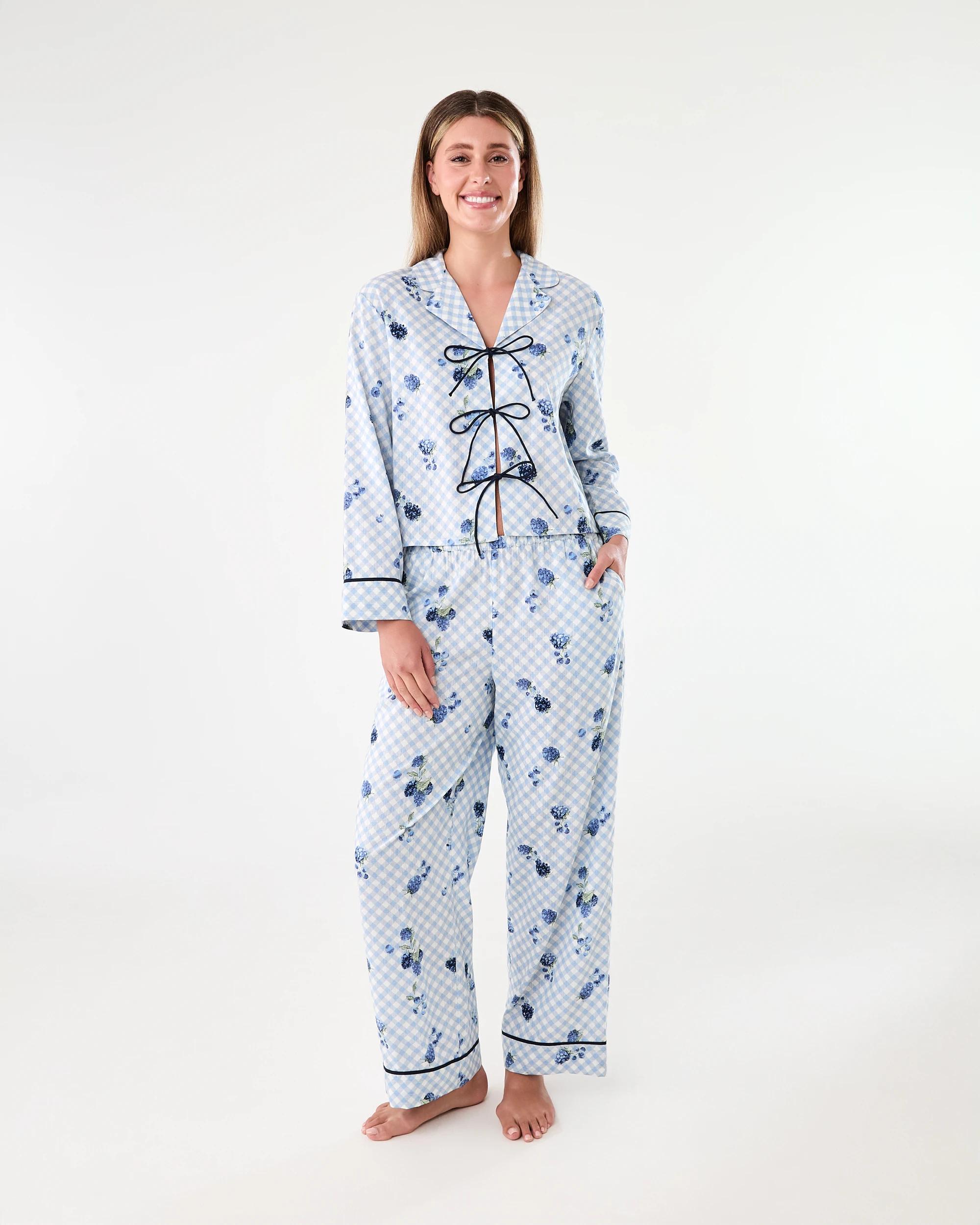 1 Cotton Long Sleeve Tie Front and Pants Pyjama Set Blueberry, 1 of 7
