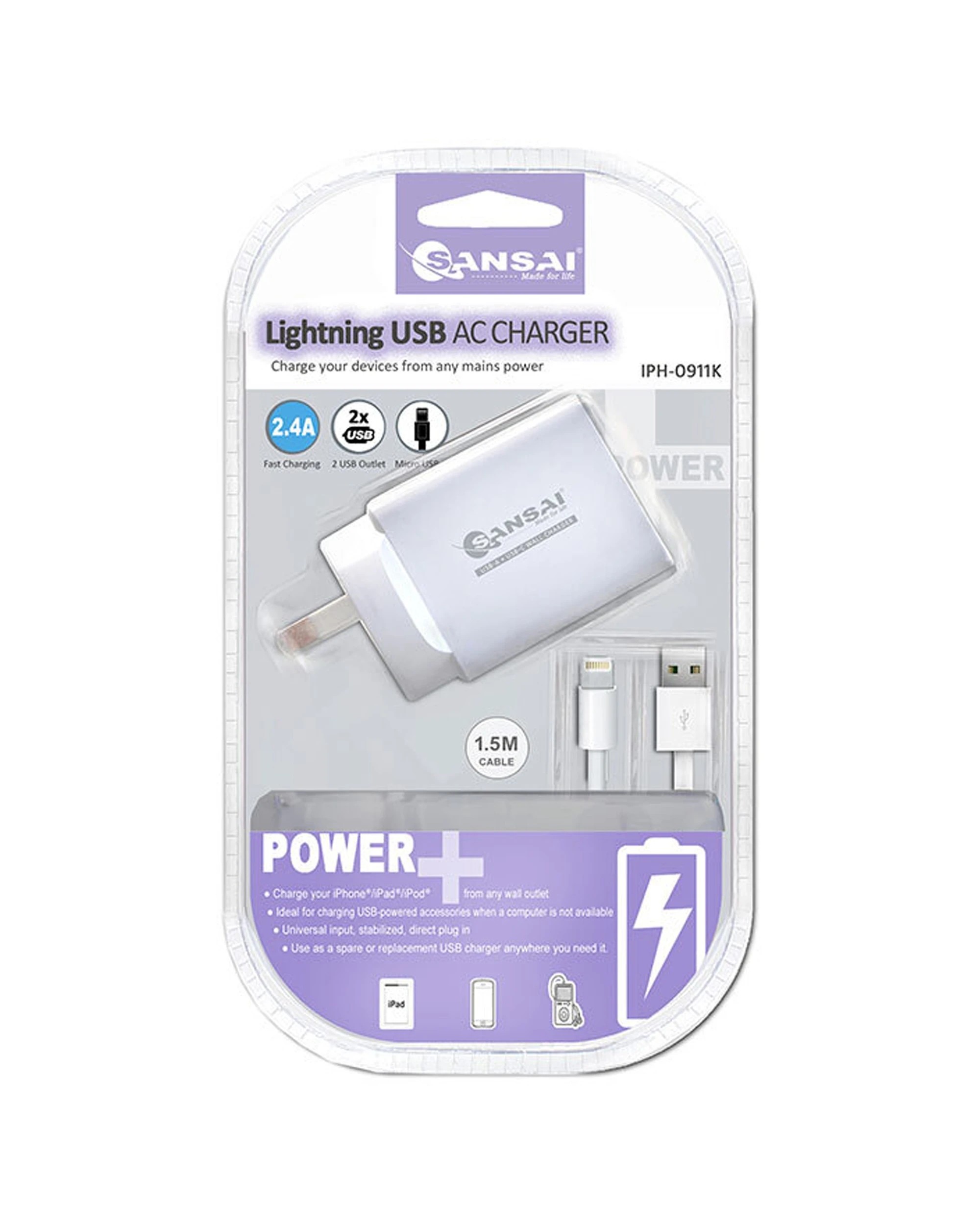 3 Sansai 2xUSB Port Wall Charger with Charging Cable Compatible with iPhone 8/7/XR - White, 3 of 3