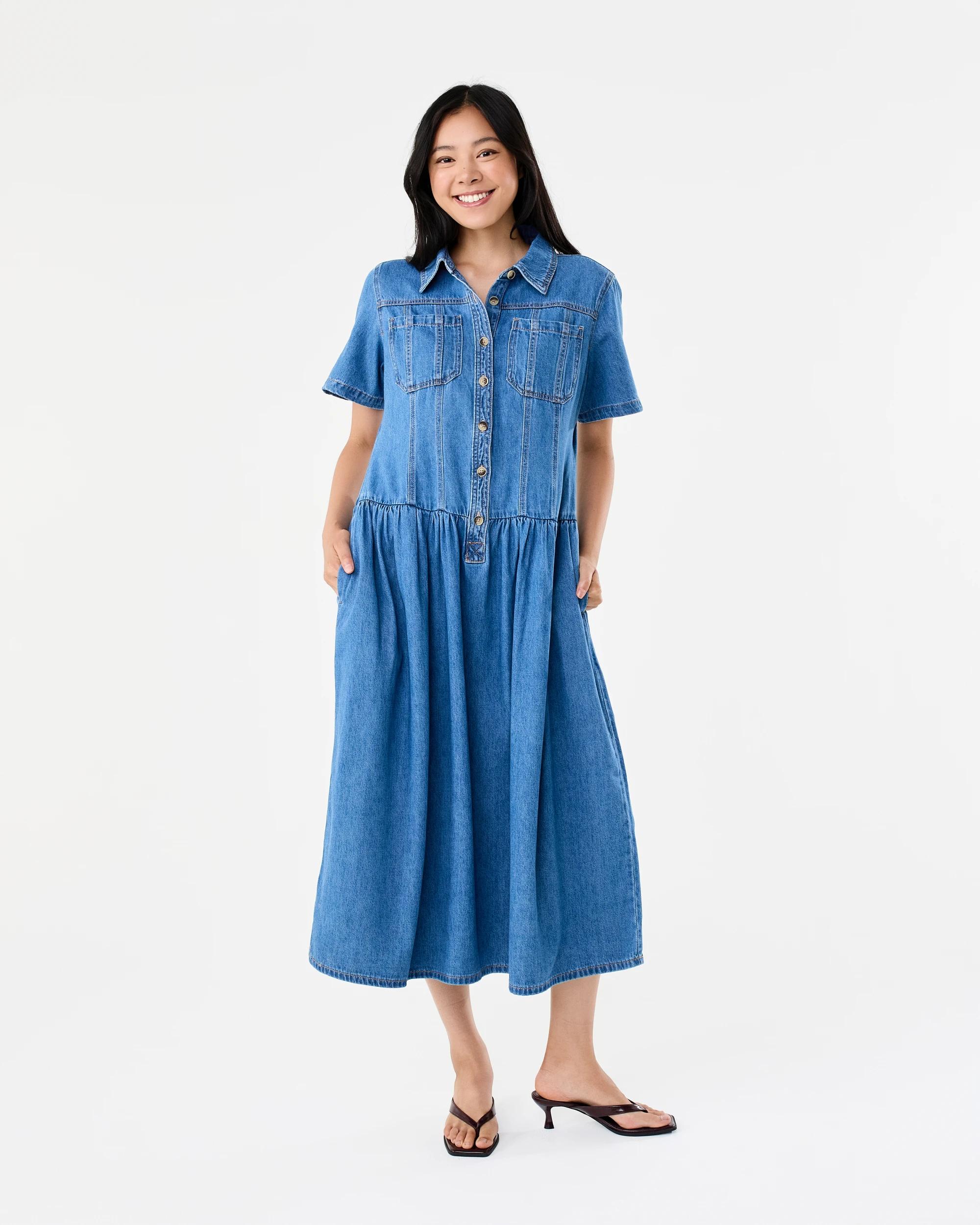 1 Short Sleeve Denim Button Through Midi Dress Dark Wash, 1 of 9