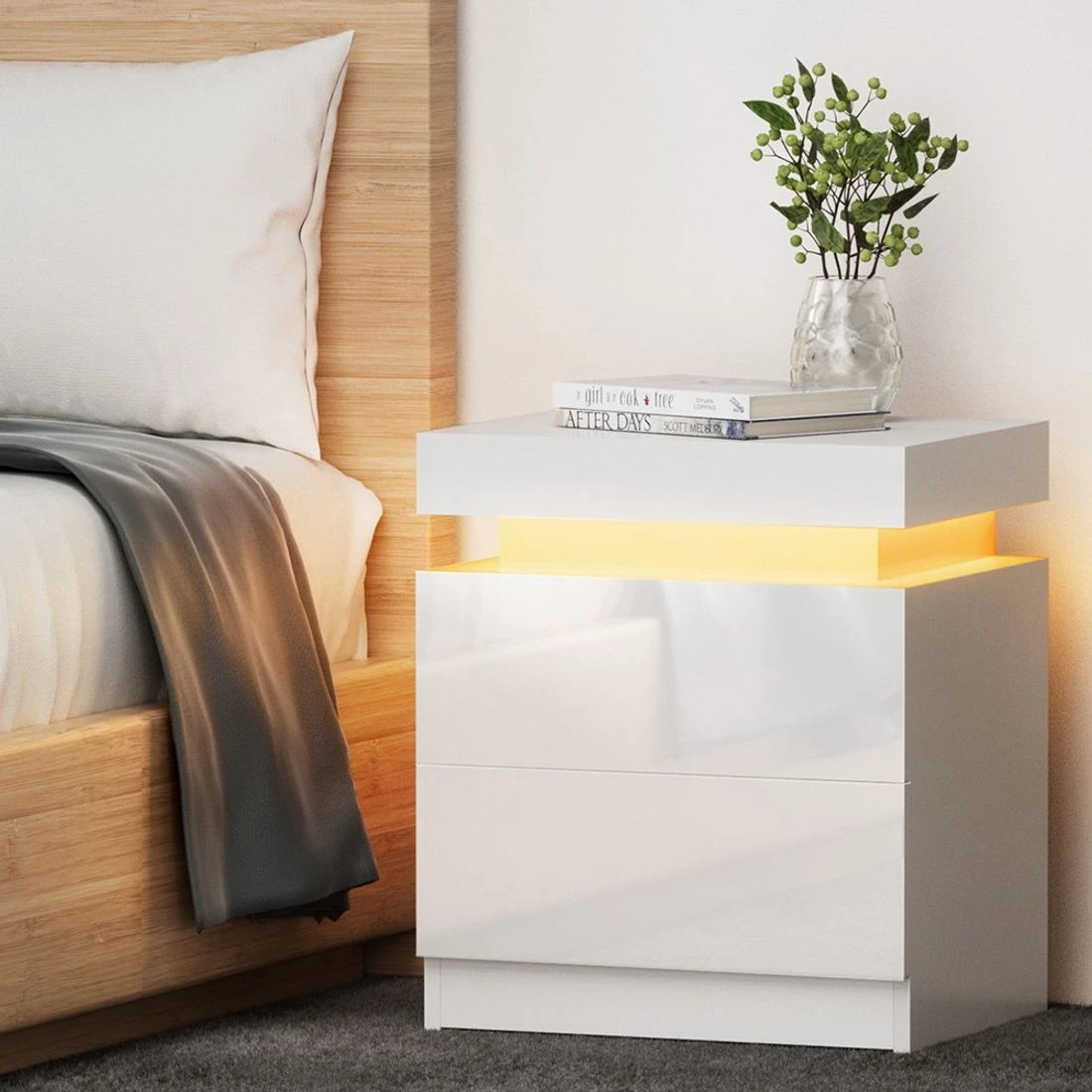 3 Artiss Bedside Table Led 2 Drawers Lift-up Storage Led Lighting Remote Control Bedroom Furniture Easy Assembly - White, 3 of 7