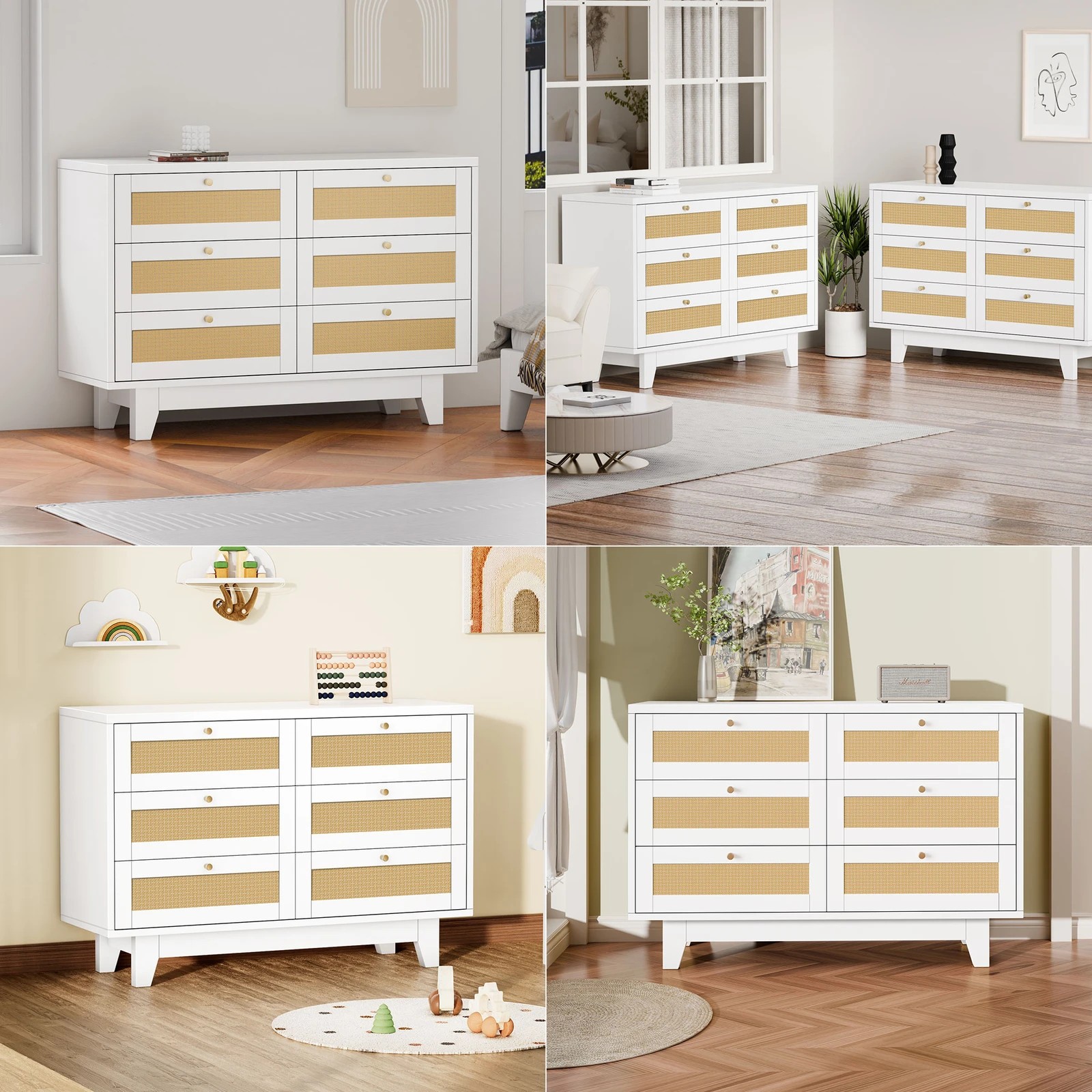 4 Alfordson 6 Chest of Drawers Rattan Storage Cabinet Dresser Tallboy - White, 4 of 10