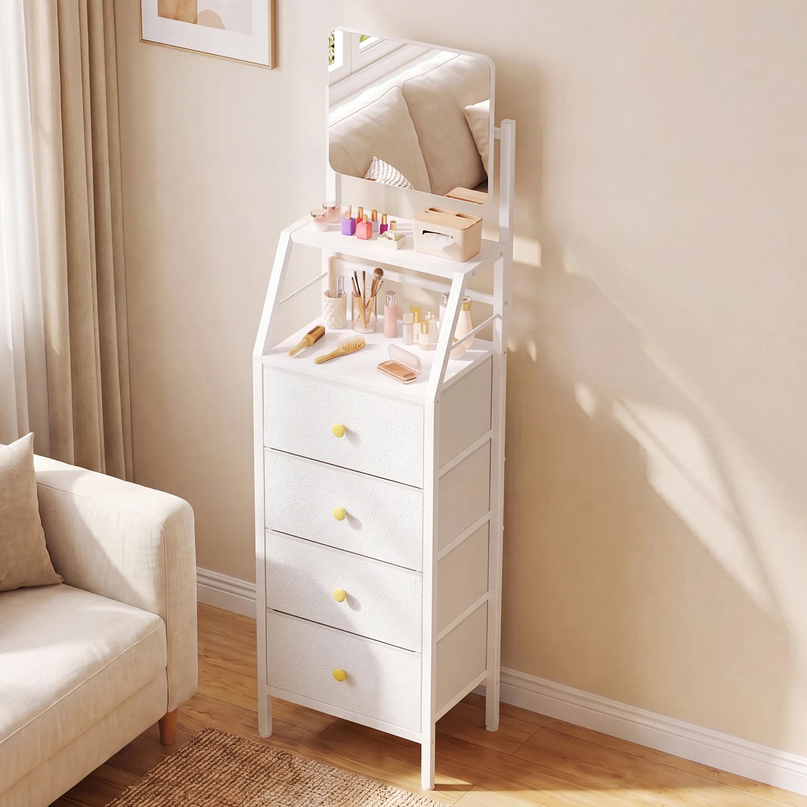 8 Advwin Vanity Desk with Mirror Nightstand with 4 Drawers 2-Tier Shelves - White, 8 of 9